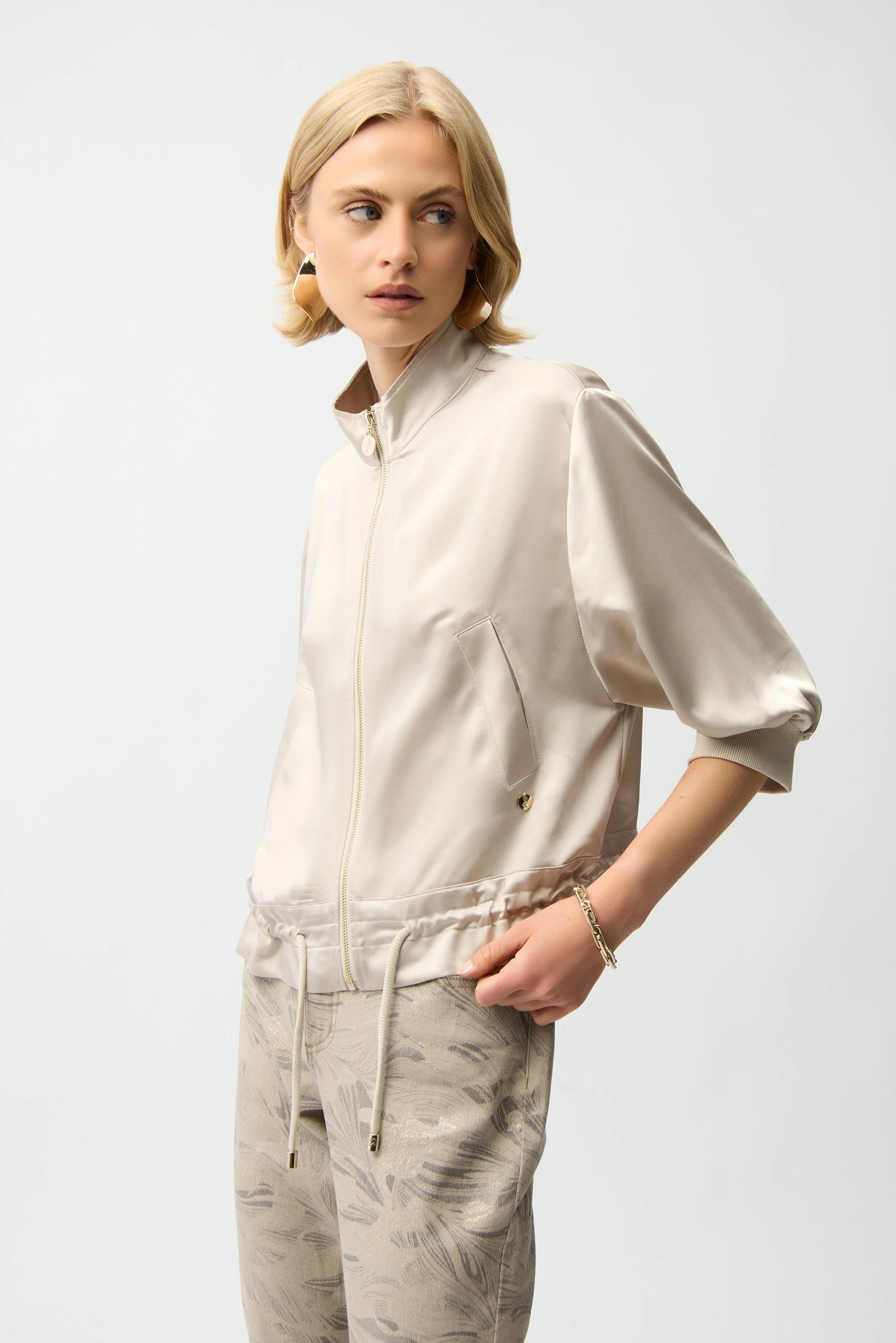 Front View Image of Joseph Ribkoff Satin Boxy Blouson Jacket With Drawstring Hem in Moonstone
