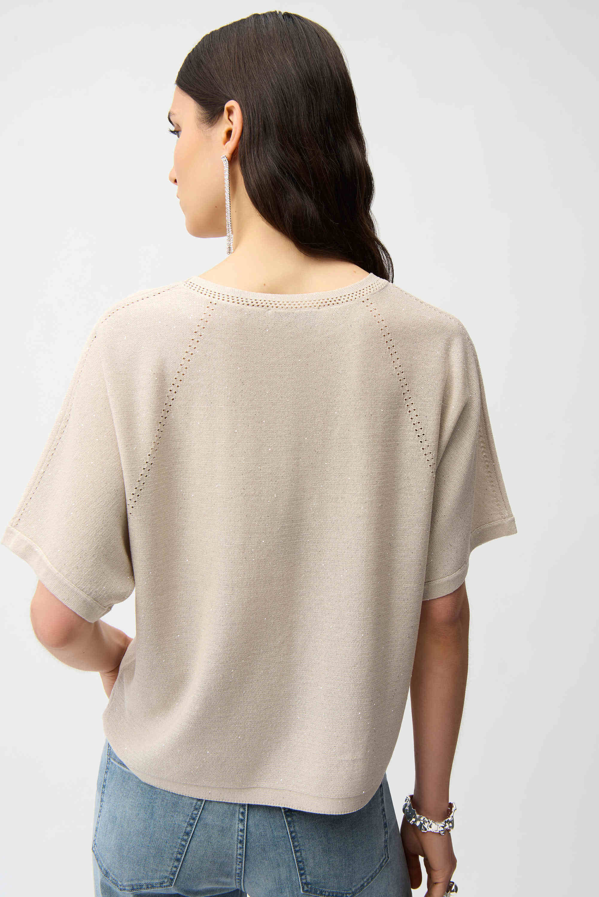Back View Image of Joseph Ribkoff Sequins Yarn Short Sleeve Sweater in Moonstone