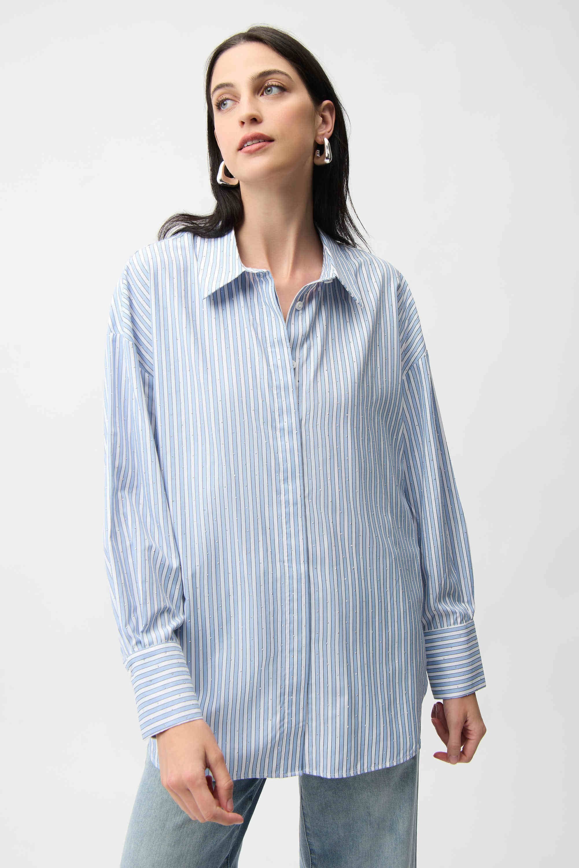 Front View Image of Joseph Ribkoff Tencel Stripe Print Boxy Blouse in Blue/Vanilla