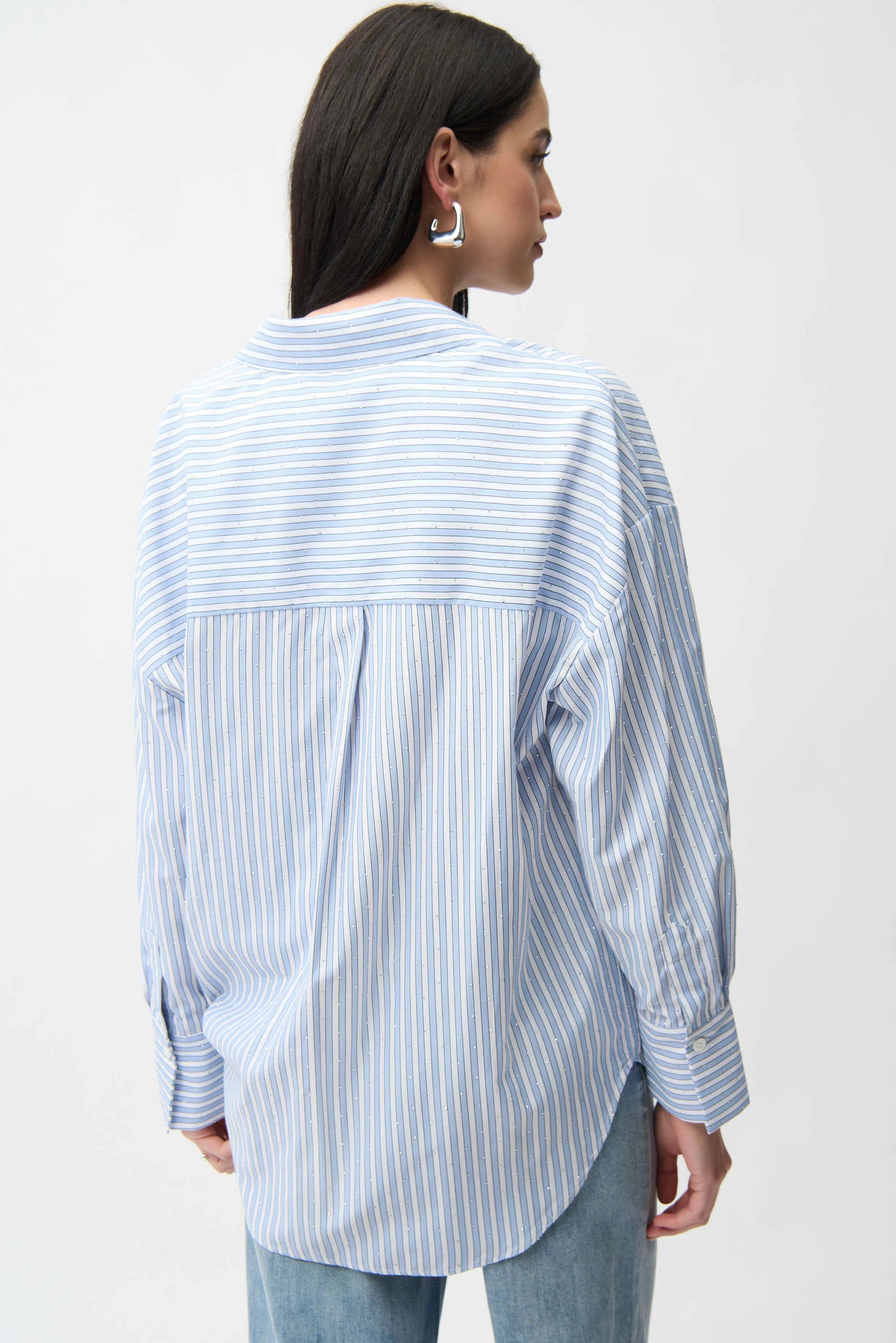 Back View Image of Joseph Ribkoff Tencel Stripe Print Boxy Blouse in Blue/Vanilla