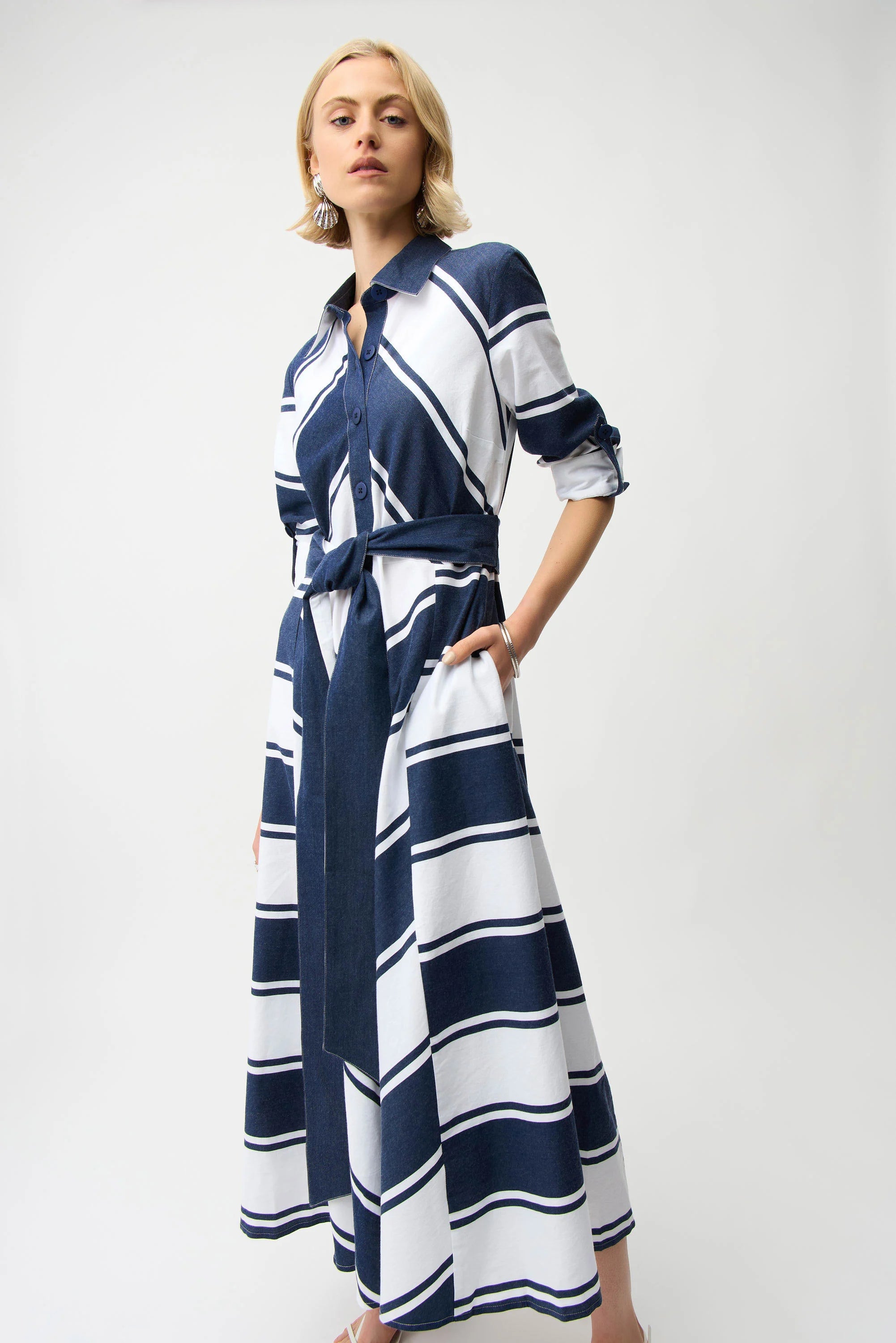 Front View Image Joseph Ribkoff Cotton Stripe Print Fit and Flare Shirt Dress with Reversible Sash