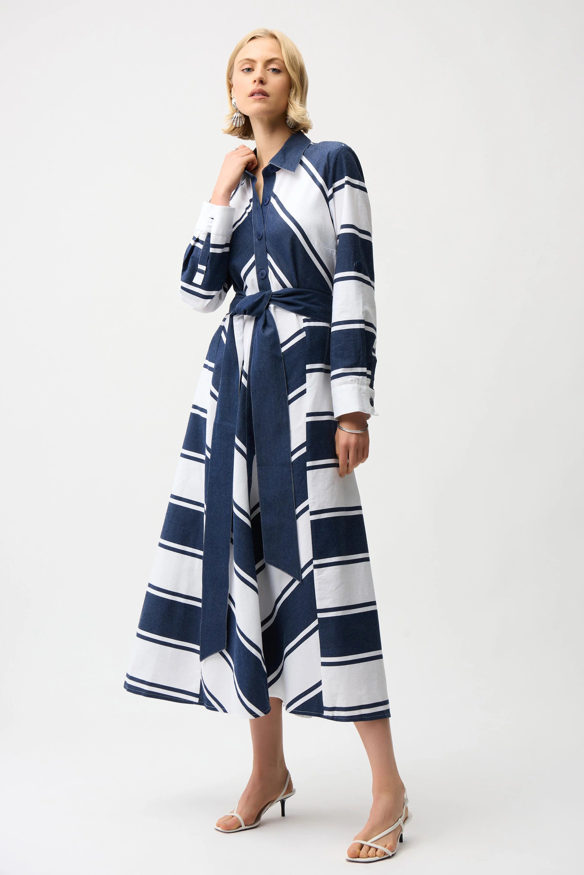 Front View Image Joseph Ribkoff Cotton Stripe Print Fit and Flare Shirt Dress with Reversible Sash