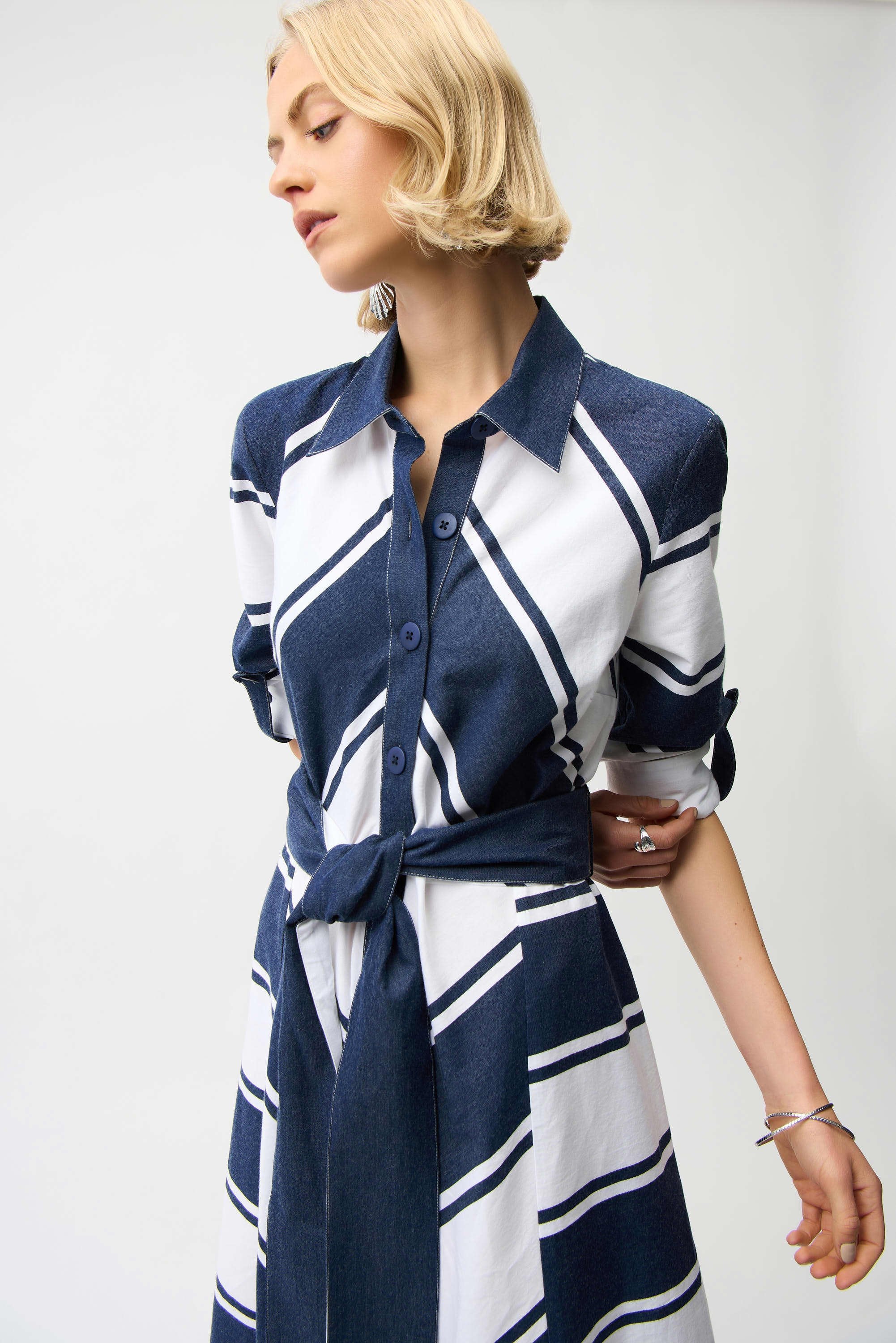Front Close up View Image Joseph Ribkoff Cotton Stripe Print Fit and Flare Shirt Dress with Reversible Sash