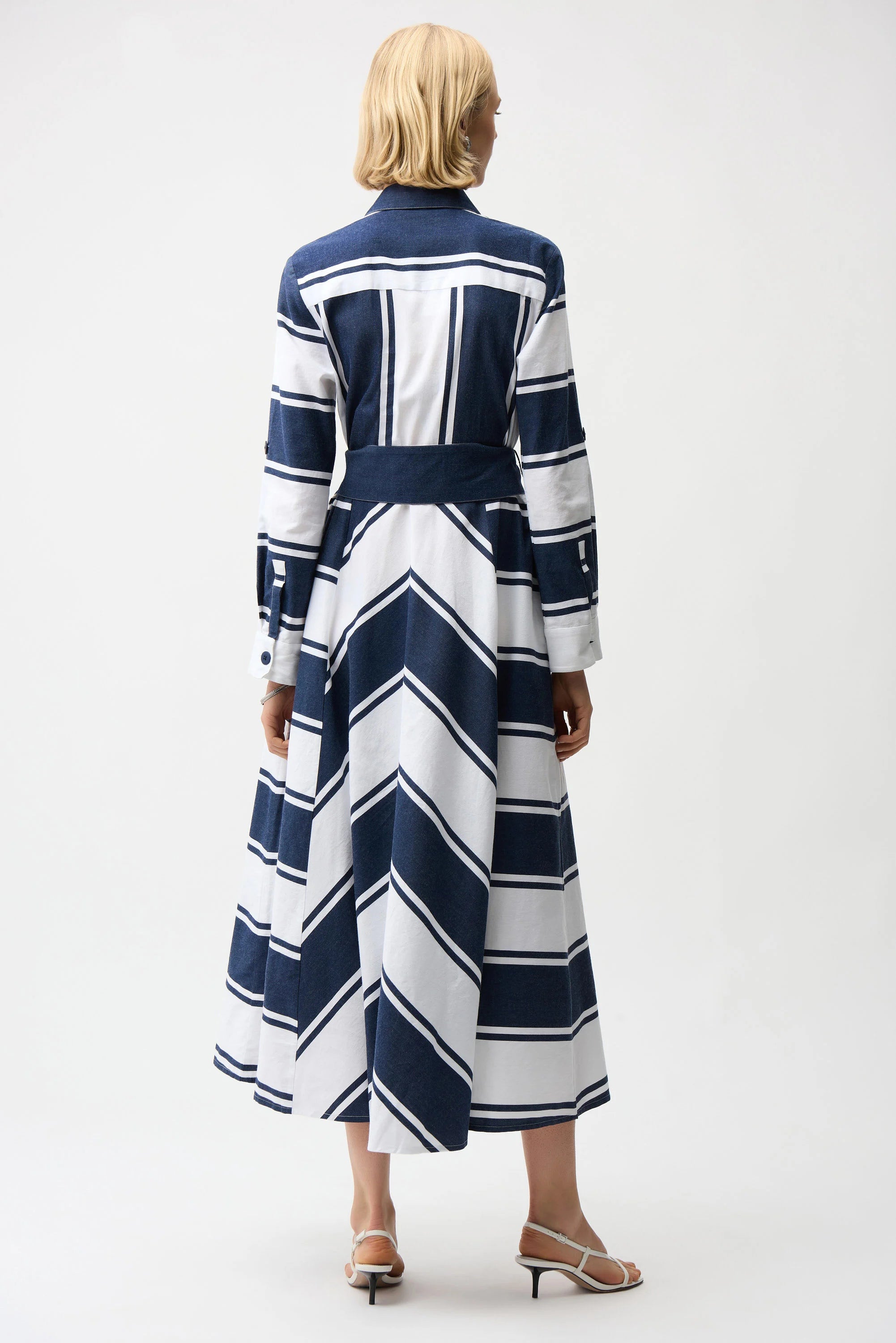 Back View Image Joseph Ribkoff Cotton Stripe Print Fit and Flare Shirt Dress with Reversible Sash