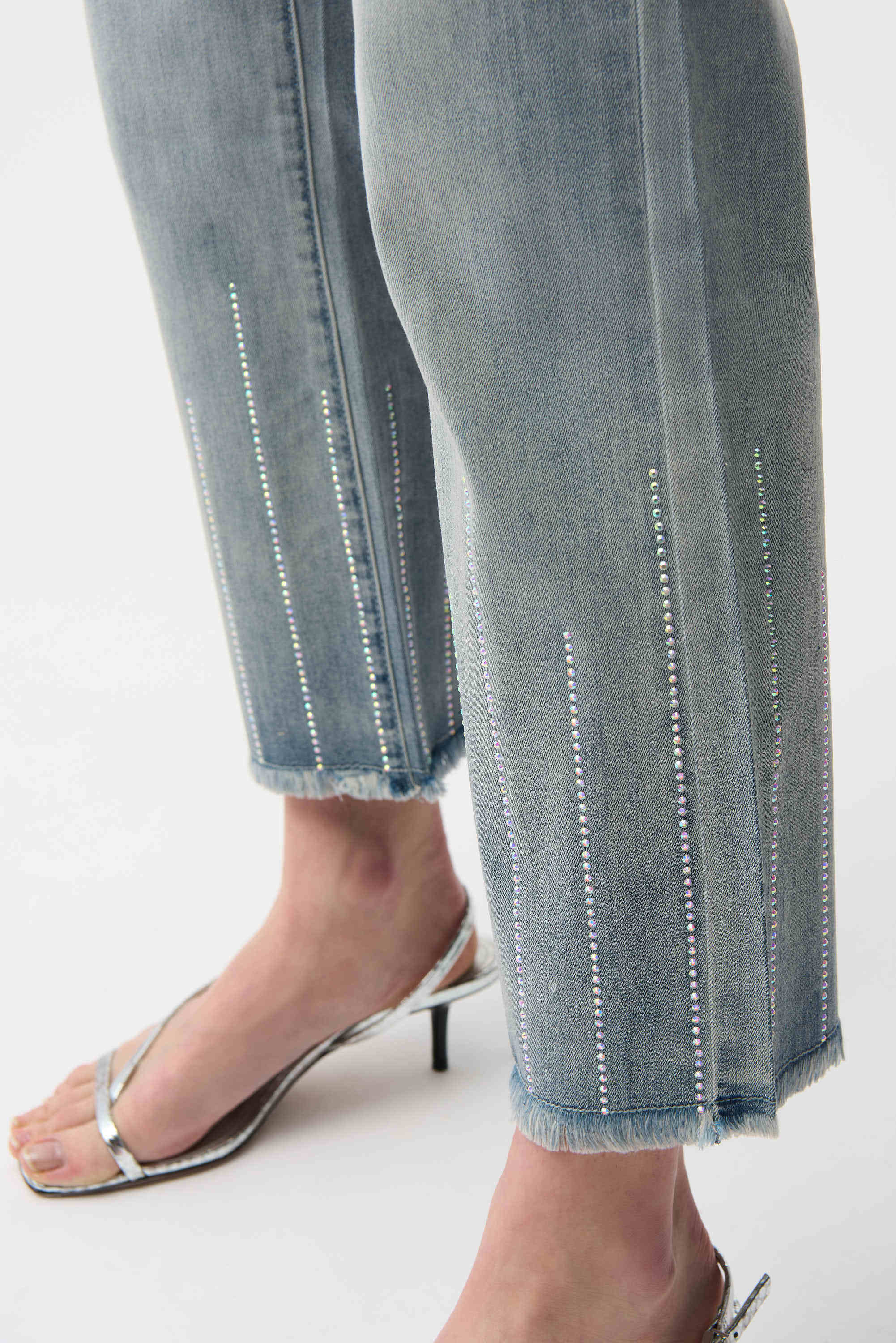 Close up Detail Image of Joseph Ribkoff Straight Crop Jeans With Rhinestones in Light Blue Denim