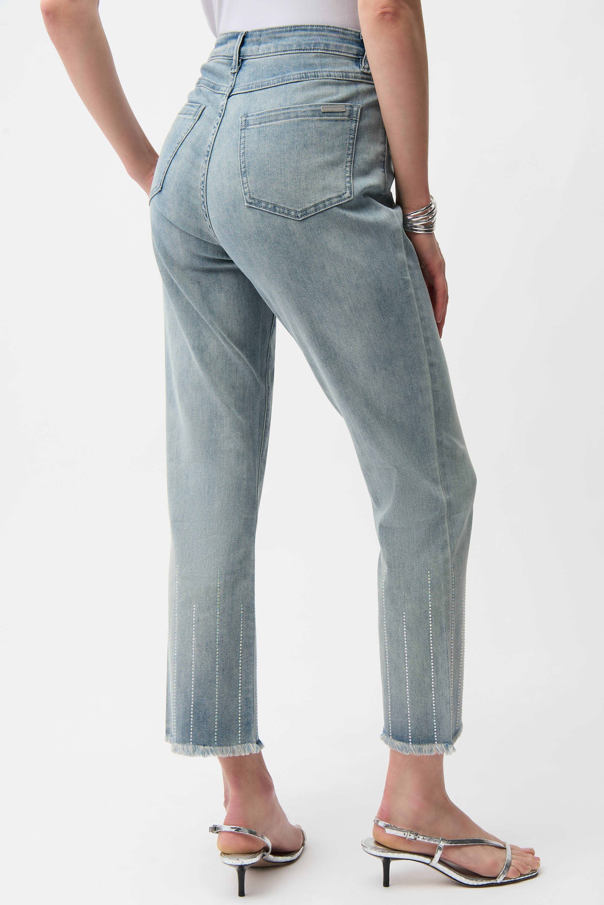 Back Image of Joseph Ribkoff Straight Crop Jeans With Rhinestones in Light Blue Denim