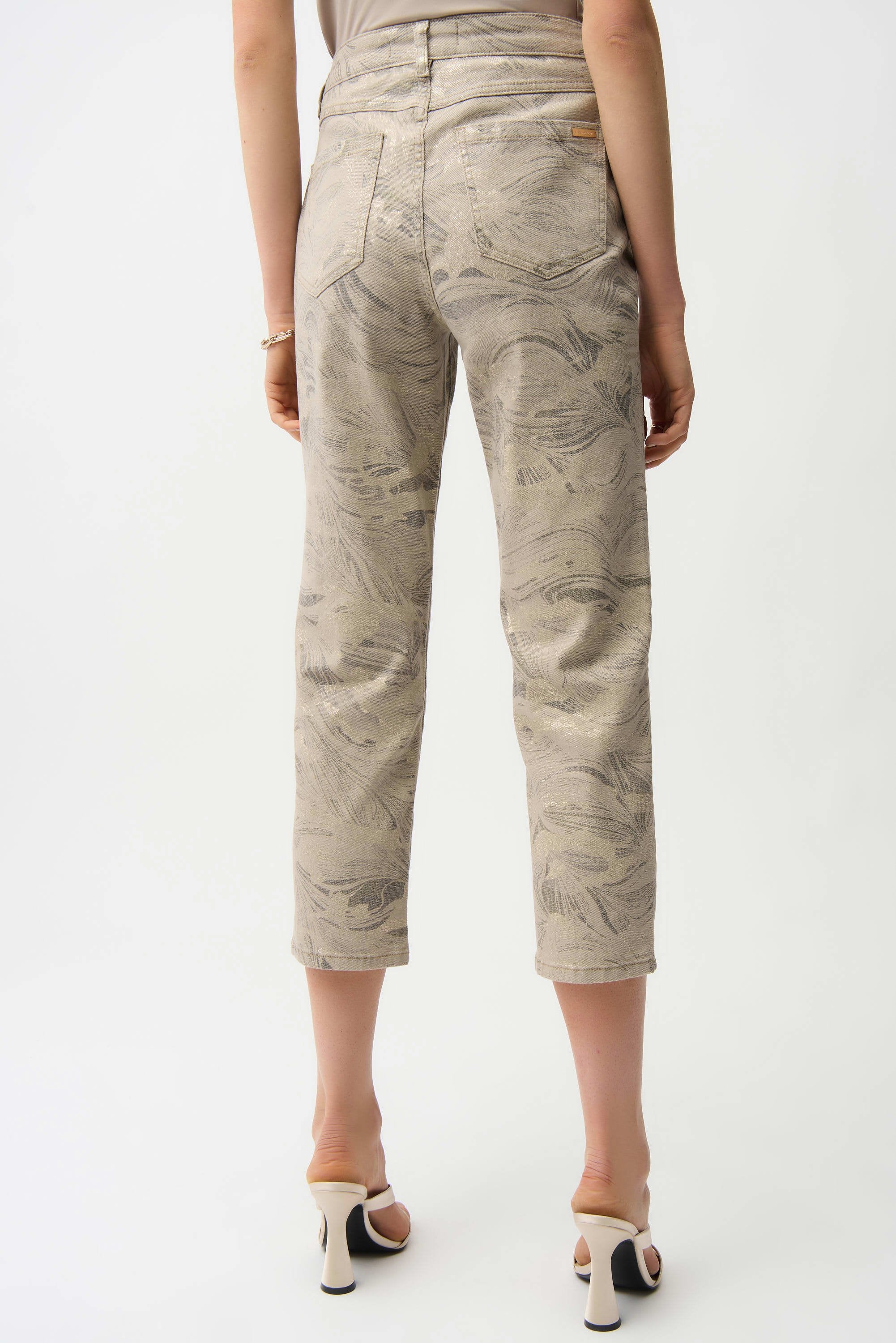 Back View Image of Joseph Ribkoff Metallic Abstract Print Slim Crop Jeans in Taupe/Gold