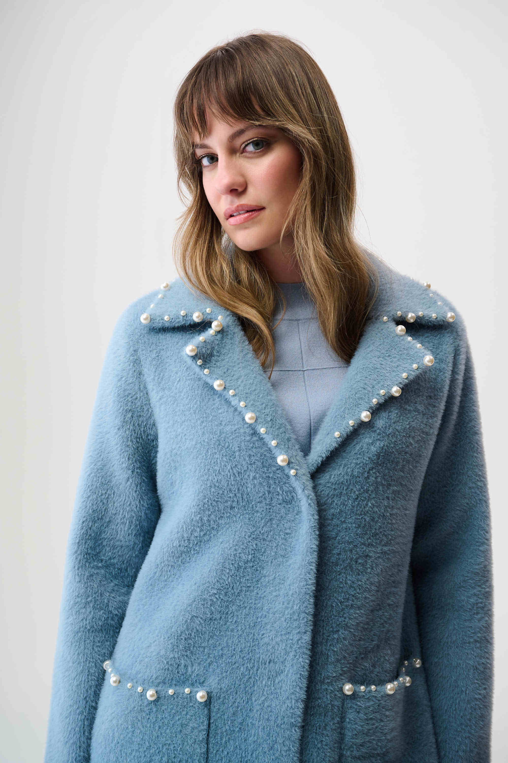 Feather Yarn Sweater Coat with Pearl Trim