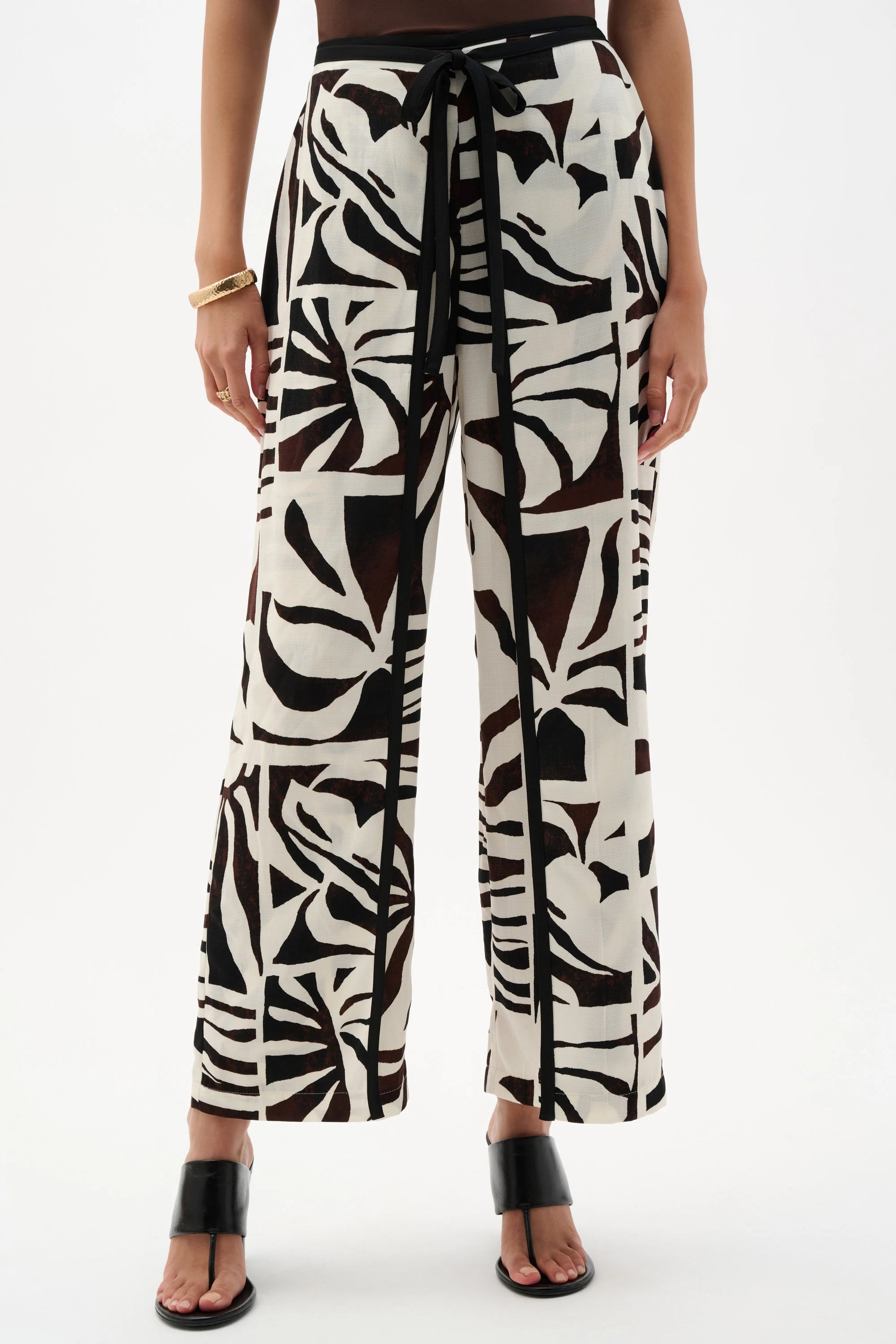 Front View Image of Joseph Ribkoff Woven Gauze Tropical Print Wide Leg Pants in Beige/Multi