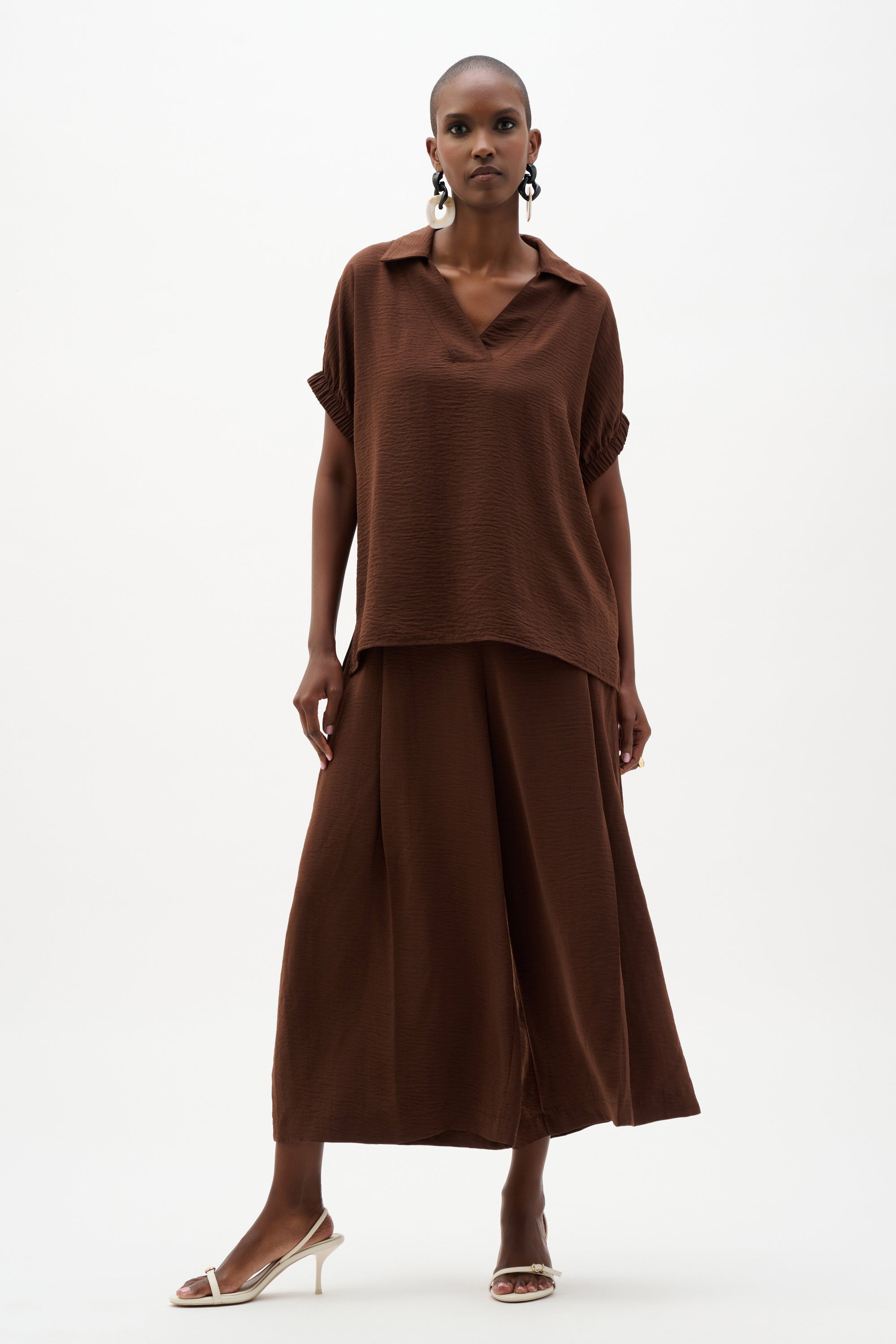 Full Body View Image  of Joseph Ribkoff Woven Gauze Boxy Top With Shirred Sleeves in Mahogany