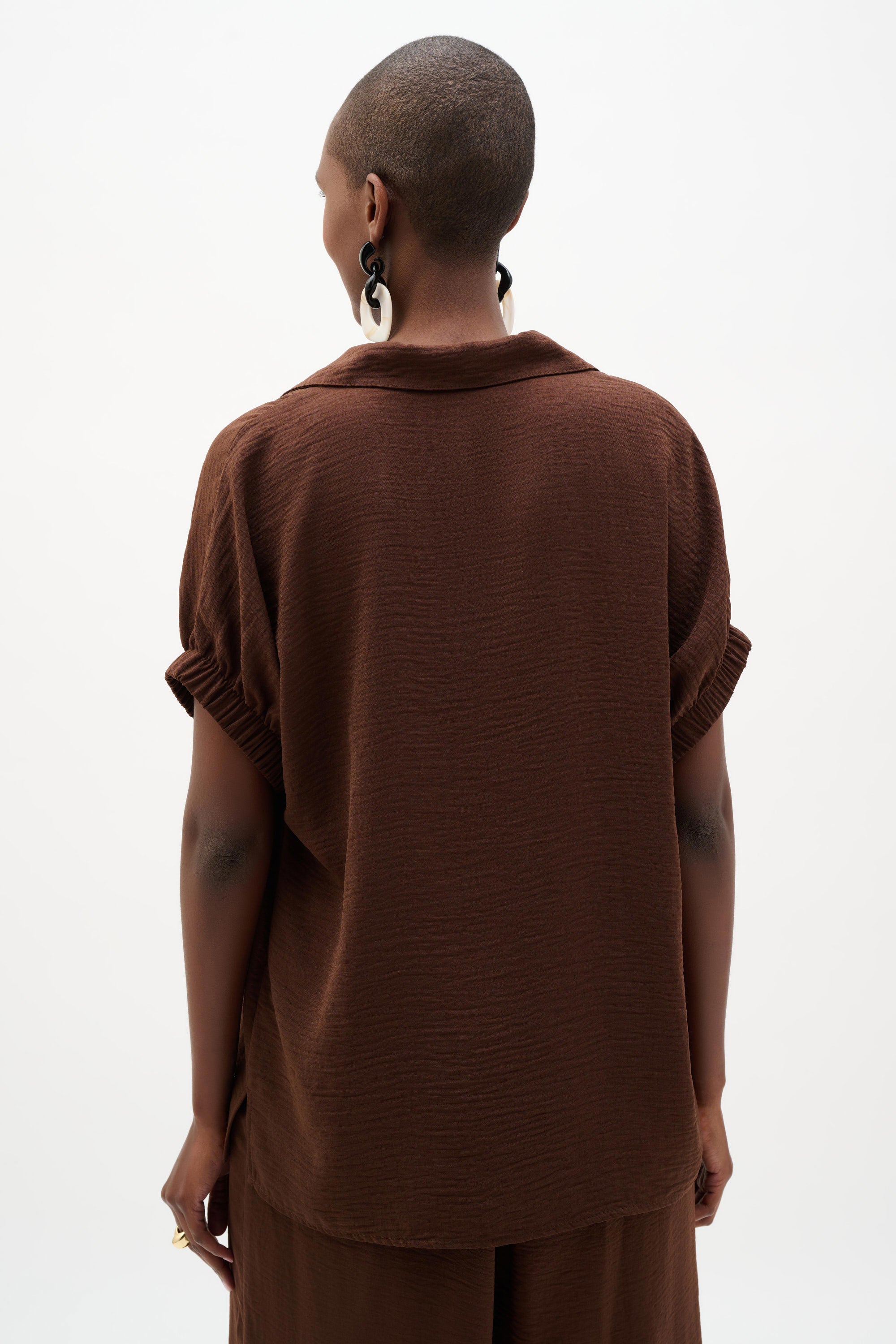 Back View Image  of Joseph Ribkoff Woven Gauze Boxy Top With Shirred Sleeves in Mahogany