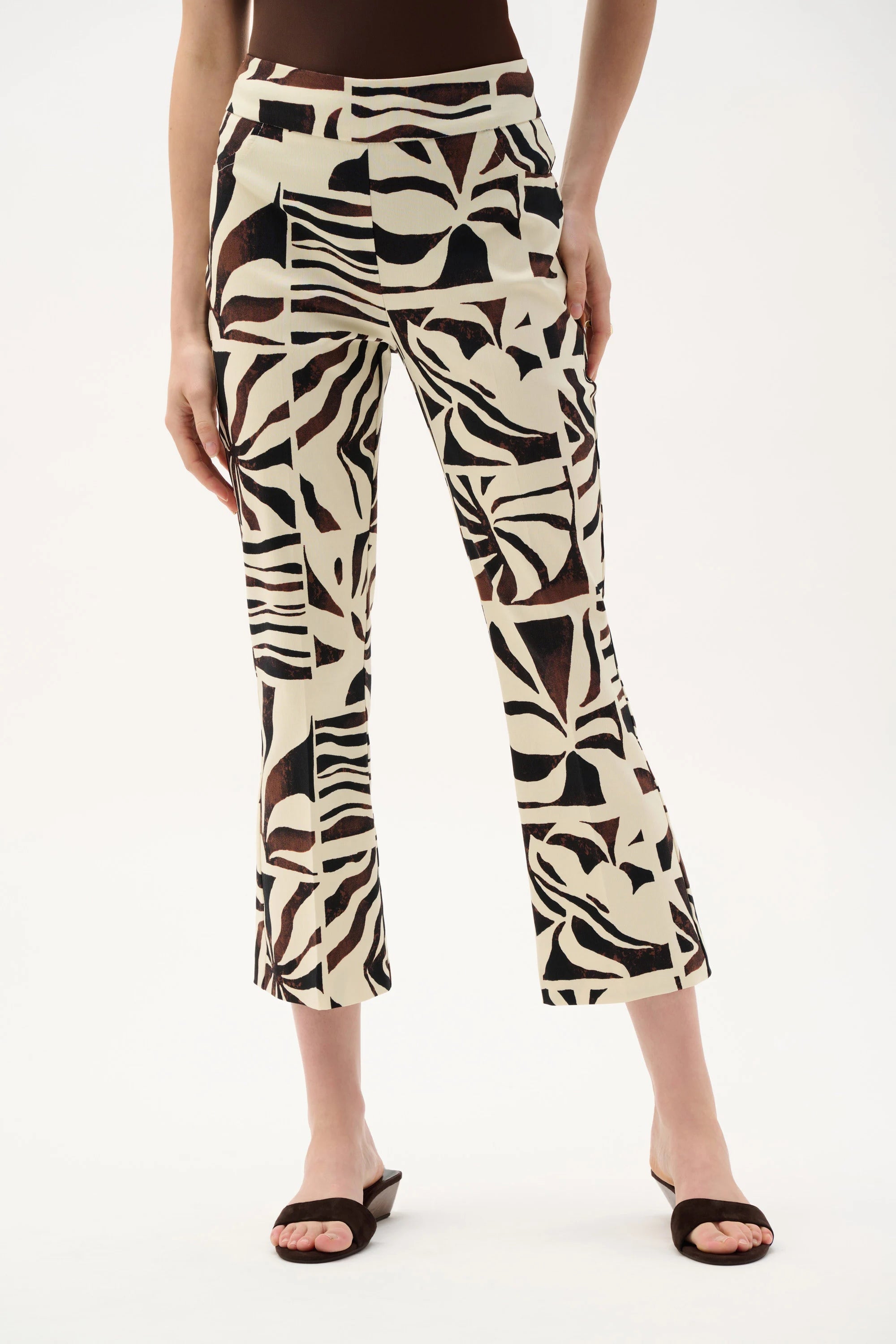 Front View Image of Joseph Ribkoff Millennium Tropical Print Flared Pull-On Pants in Beige/Multi