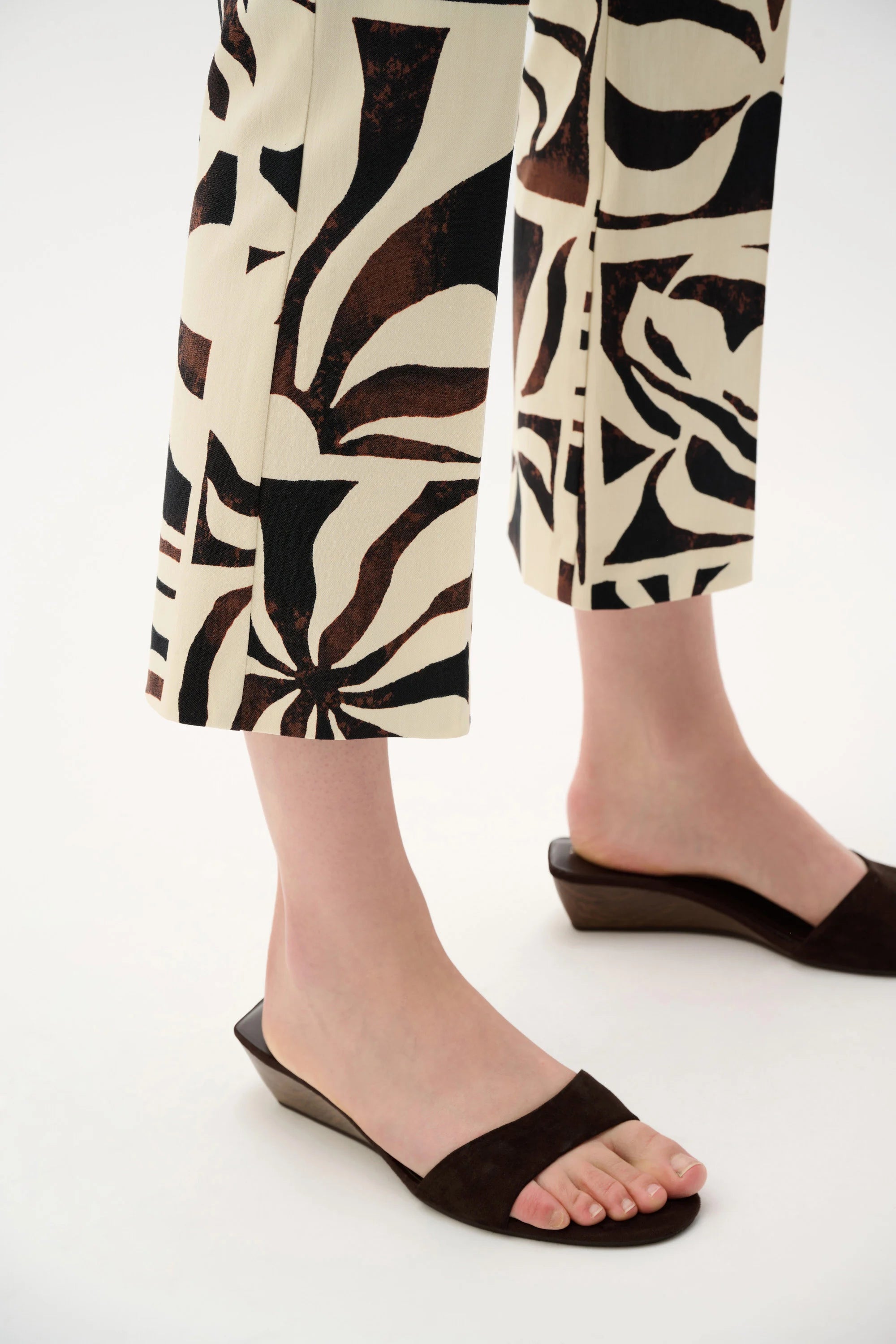 Close Up View Image of Joseph Ribkoff Millennium Tropical Print Flared Pull-On Pants in Beige/Multi