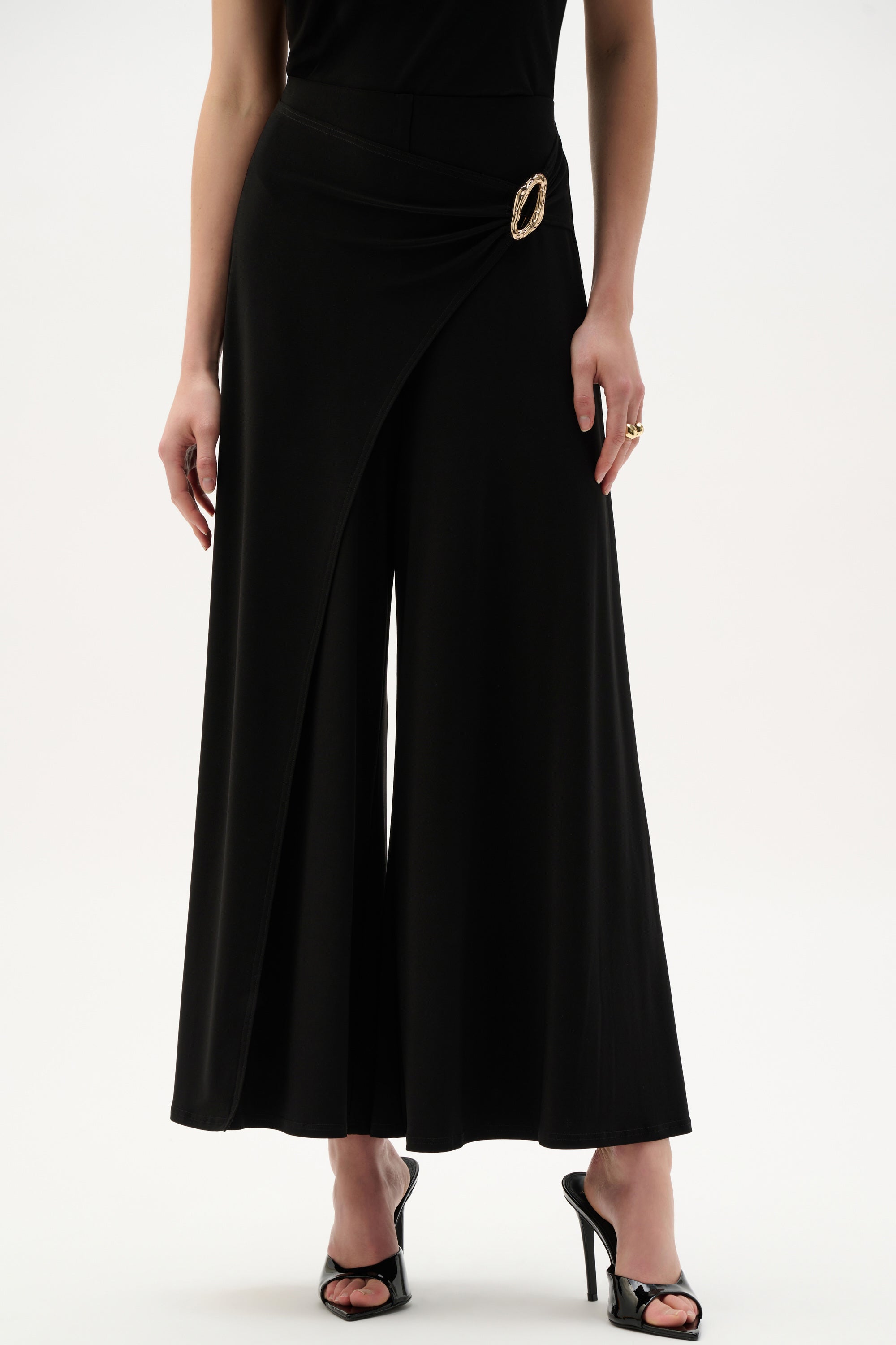 Front View Image of Joseph Ribkoff Silky Knit Culotte Pull-On Pants With Buckle Detail in Black