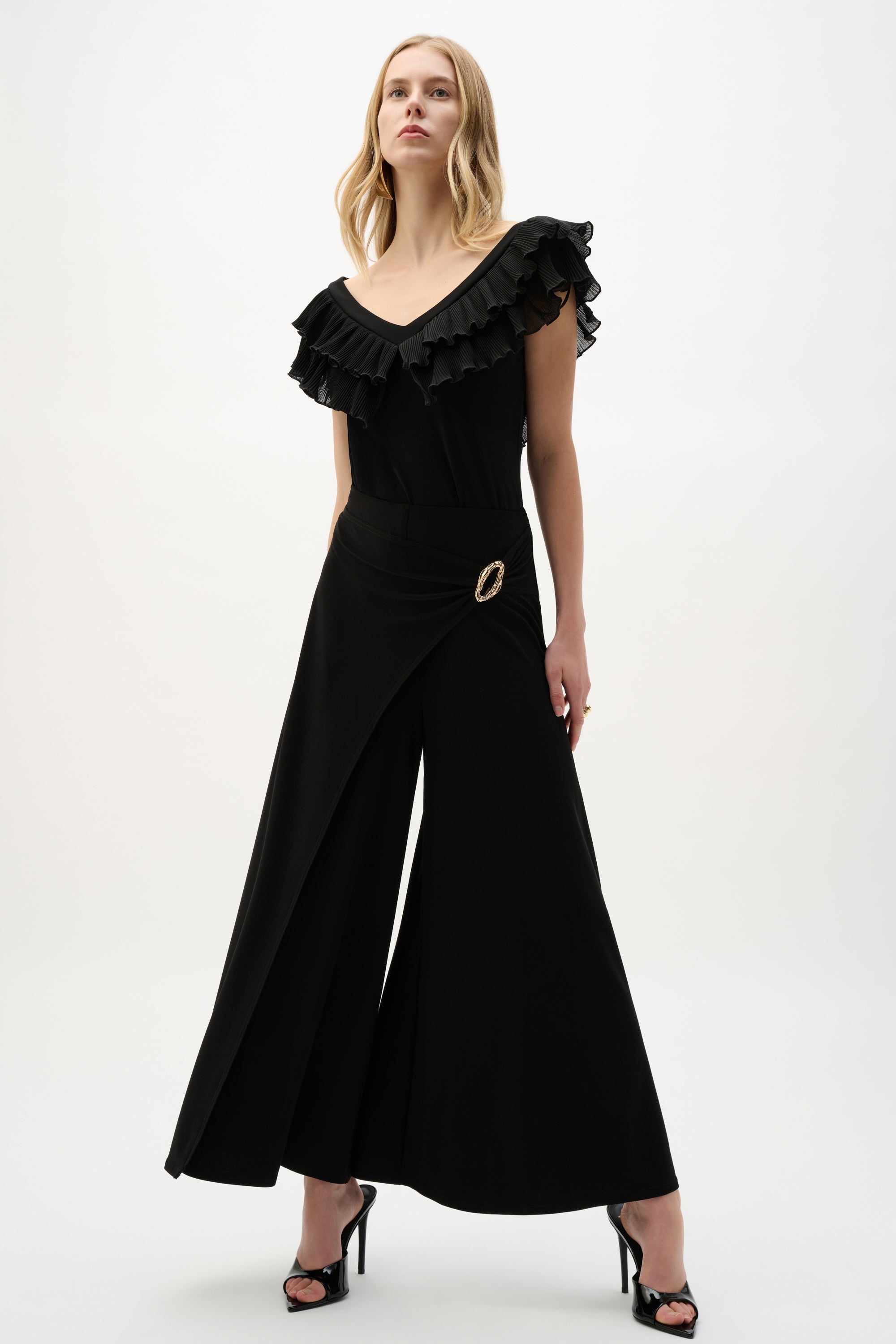 Full Body View Image of Joseph Ribkoff Silky Knit Culotte Pull-On Pants With Buckle Detail in Black