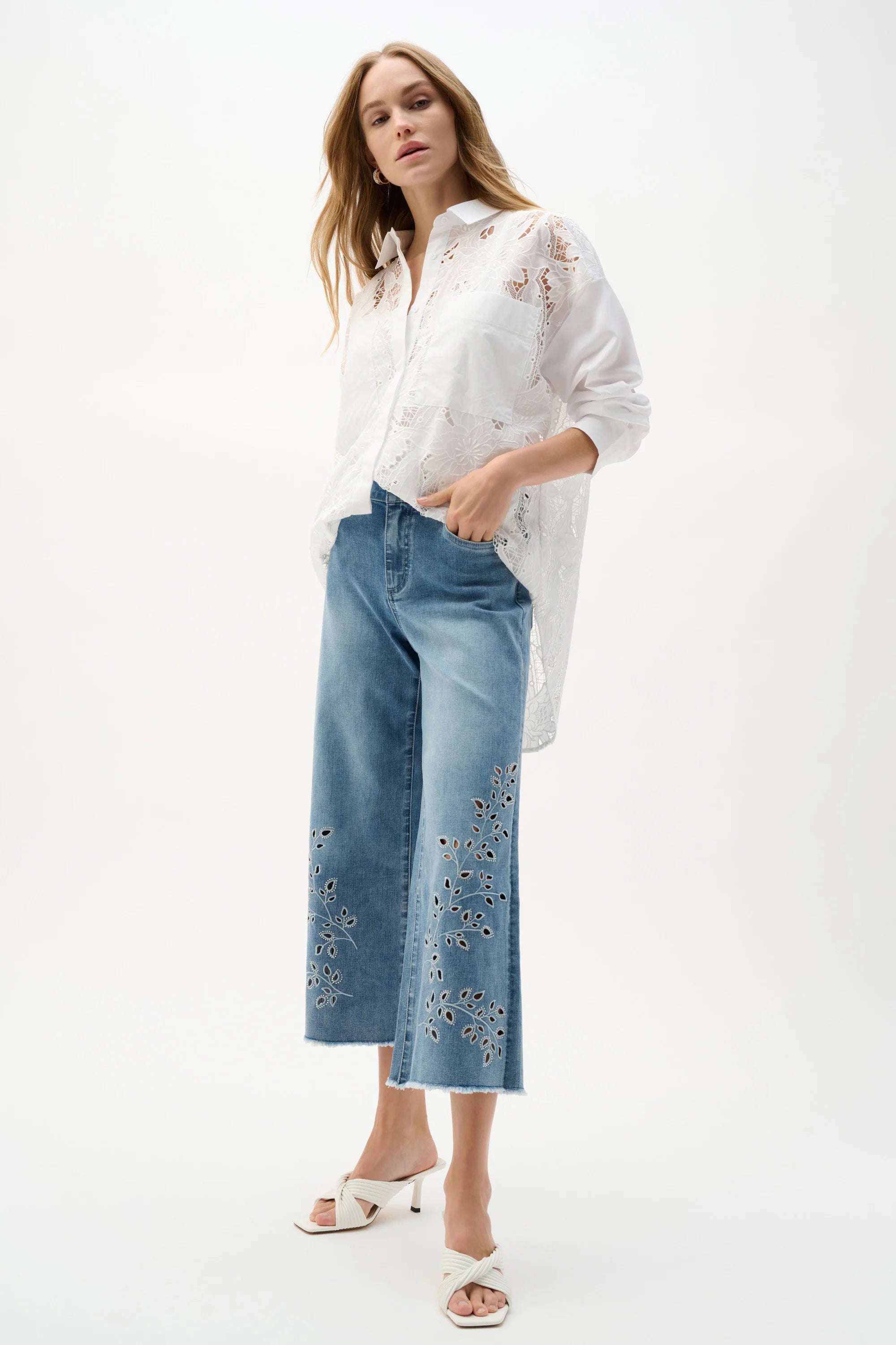 Full Body View Image of Joseph Ribkoff Repreve® Denim Wide Leg Crop Jeans With Embroidery in Light Blue Denim