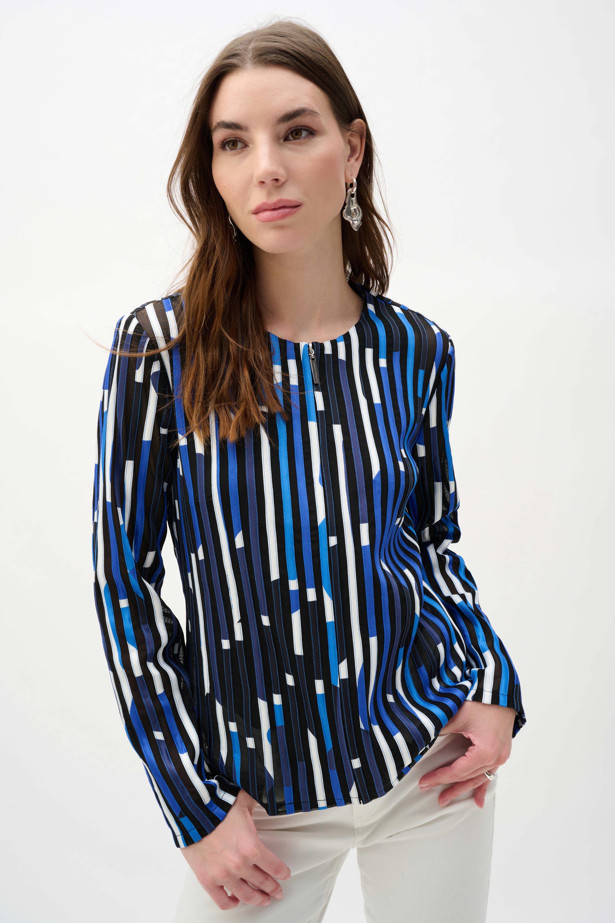 Front View Image of  Joseph Ribkoff Mesh And Satin Geometric Print Fitted Jacket in Black/Multi
