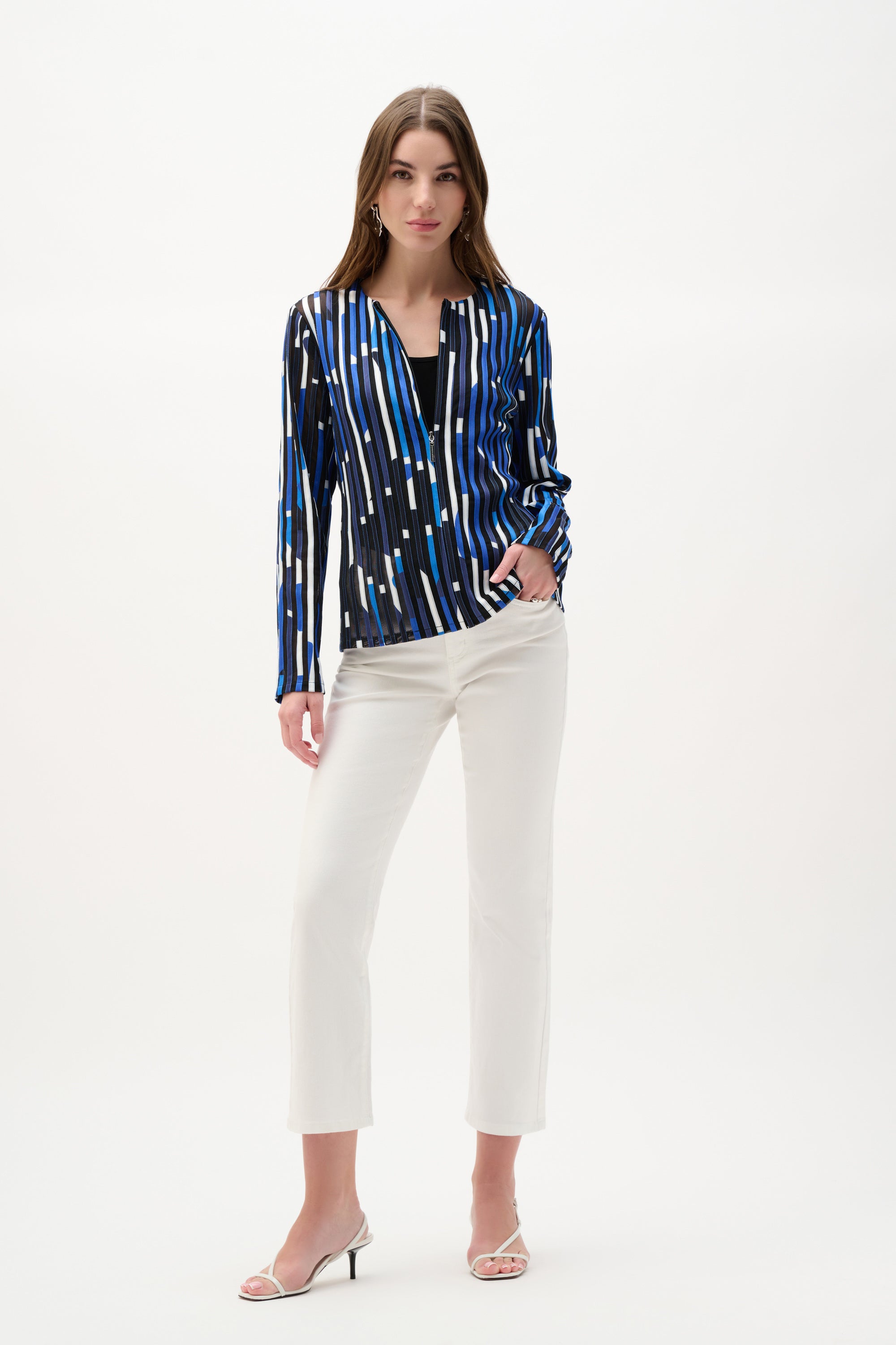 Full Body View Image of  Joseph Ribkoff Mesh And Satin Geometric Print Fitted Jacket in Black/Multi