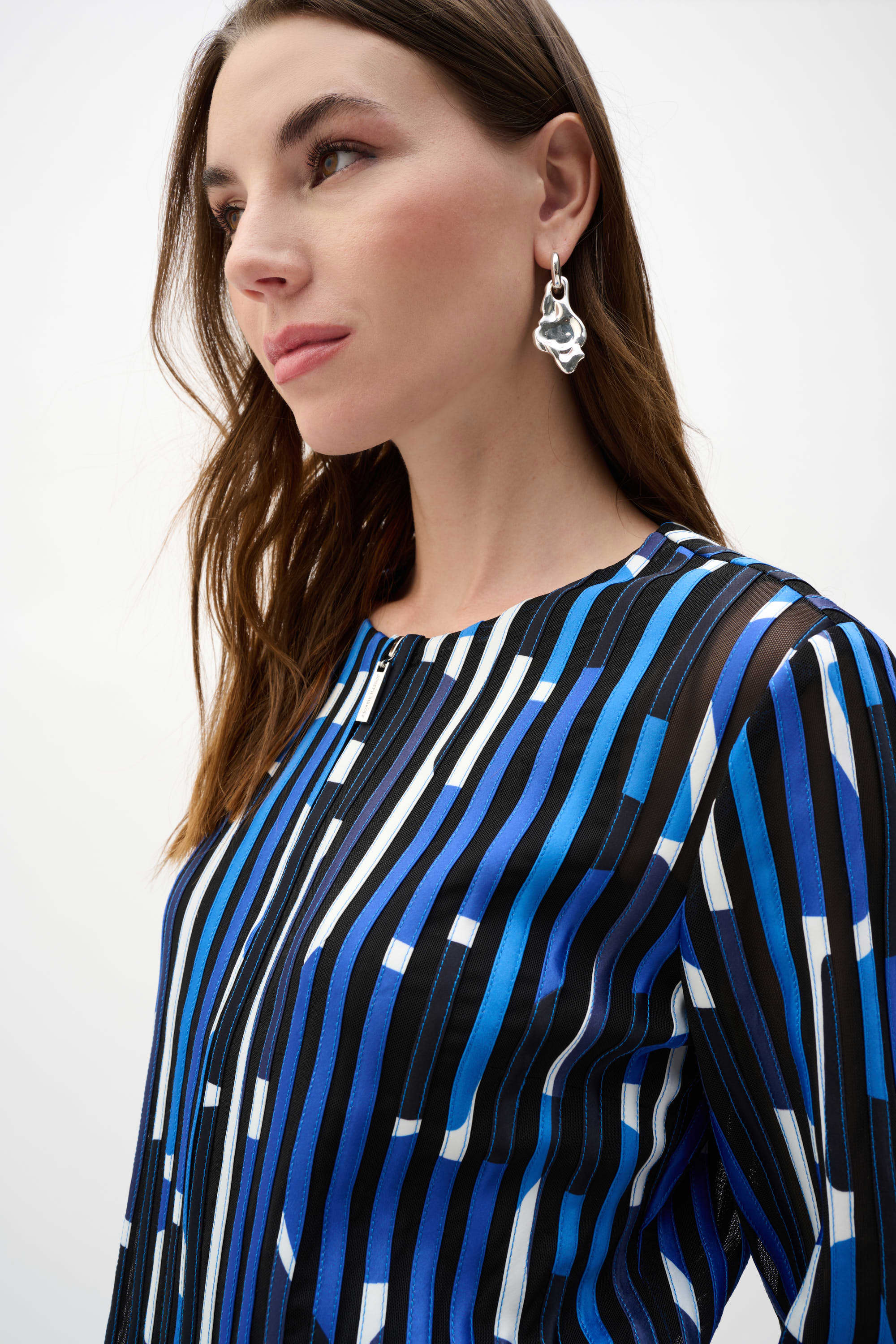Close Up View Image of  Joseph Ribkoff Mesh And Satin Geometric Print Fitted Jacket in Black/Multi