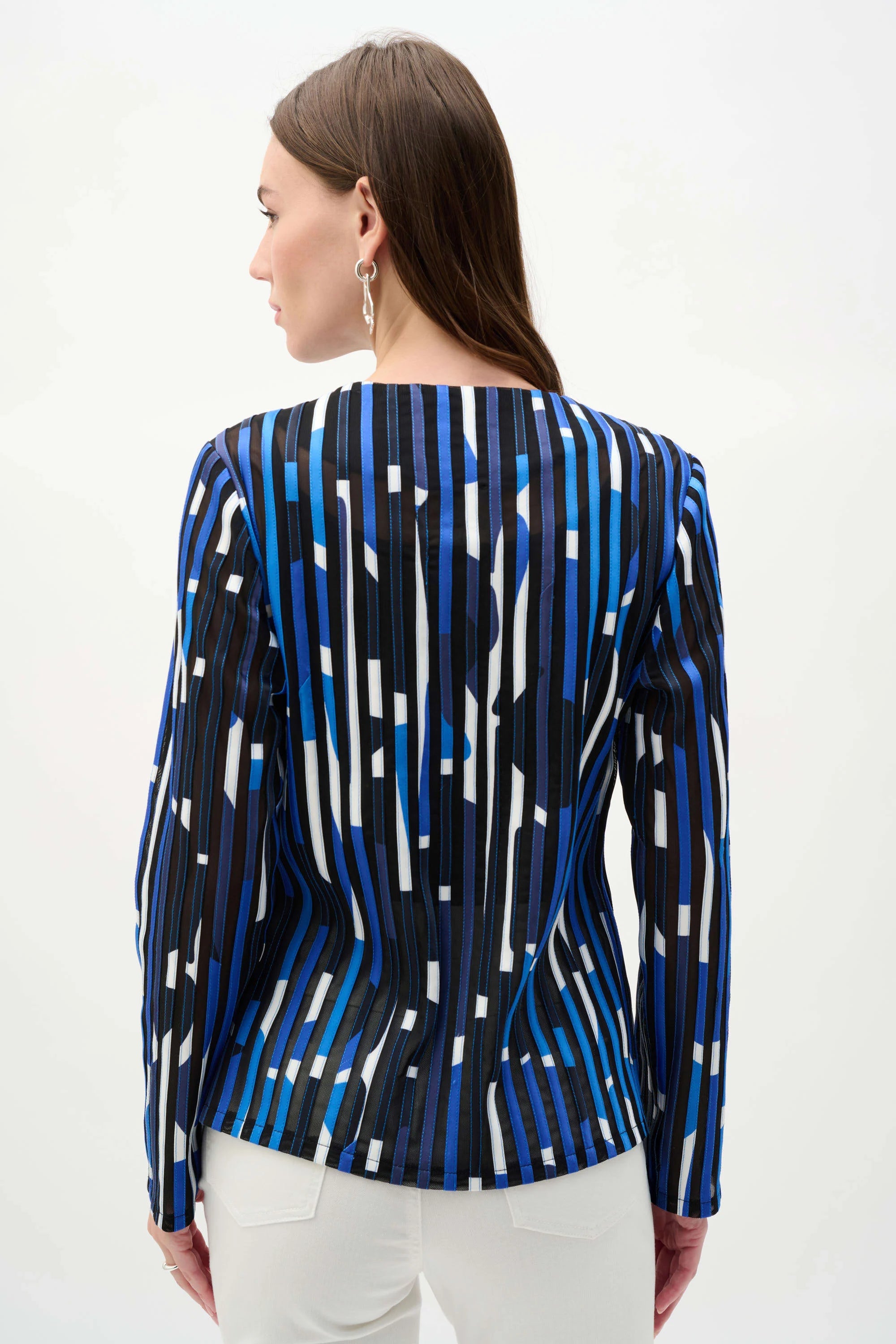 Back View Image of  Joseph Ribkoff Mesh And Satin Geometric Print Fitted Jacket in Black/Multi