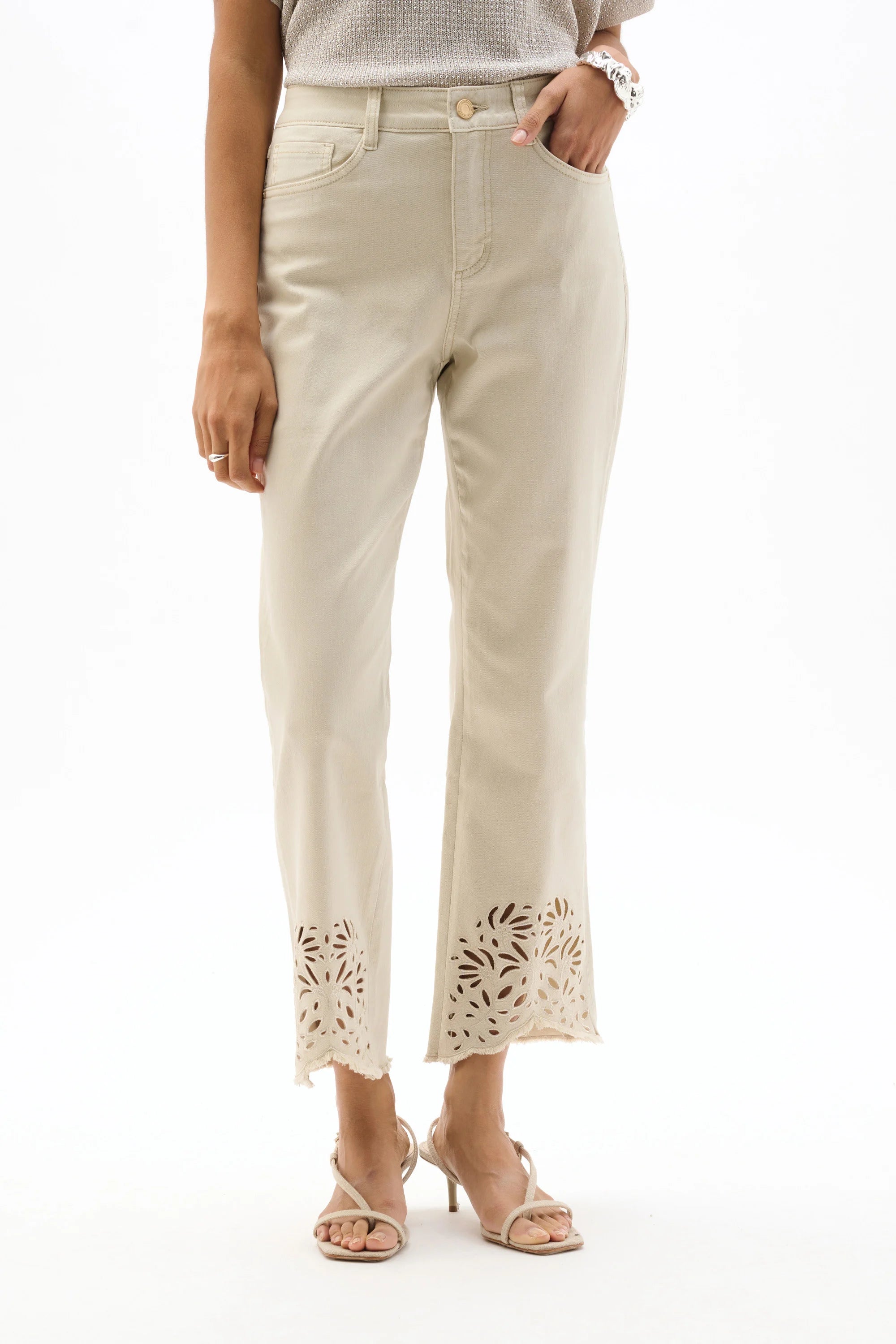 Front View Image of Joseph Ribkoff Repreve® Straight Jeans With Flower Embroidery in Moonstone