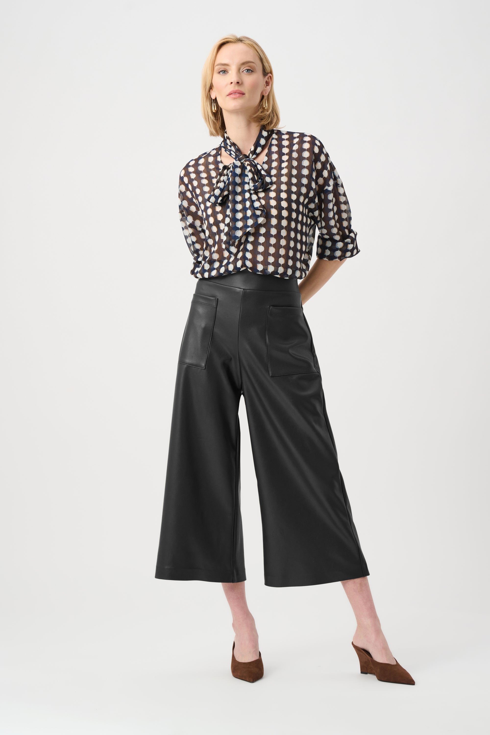 Full Front View Leatherette Pull-On Culotte Pants