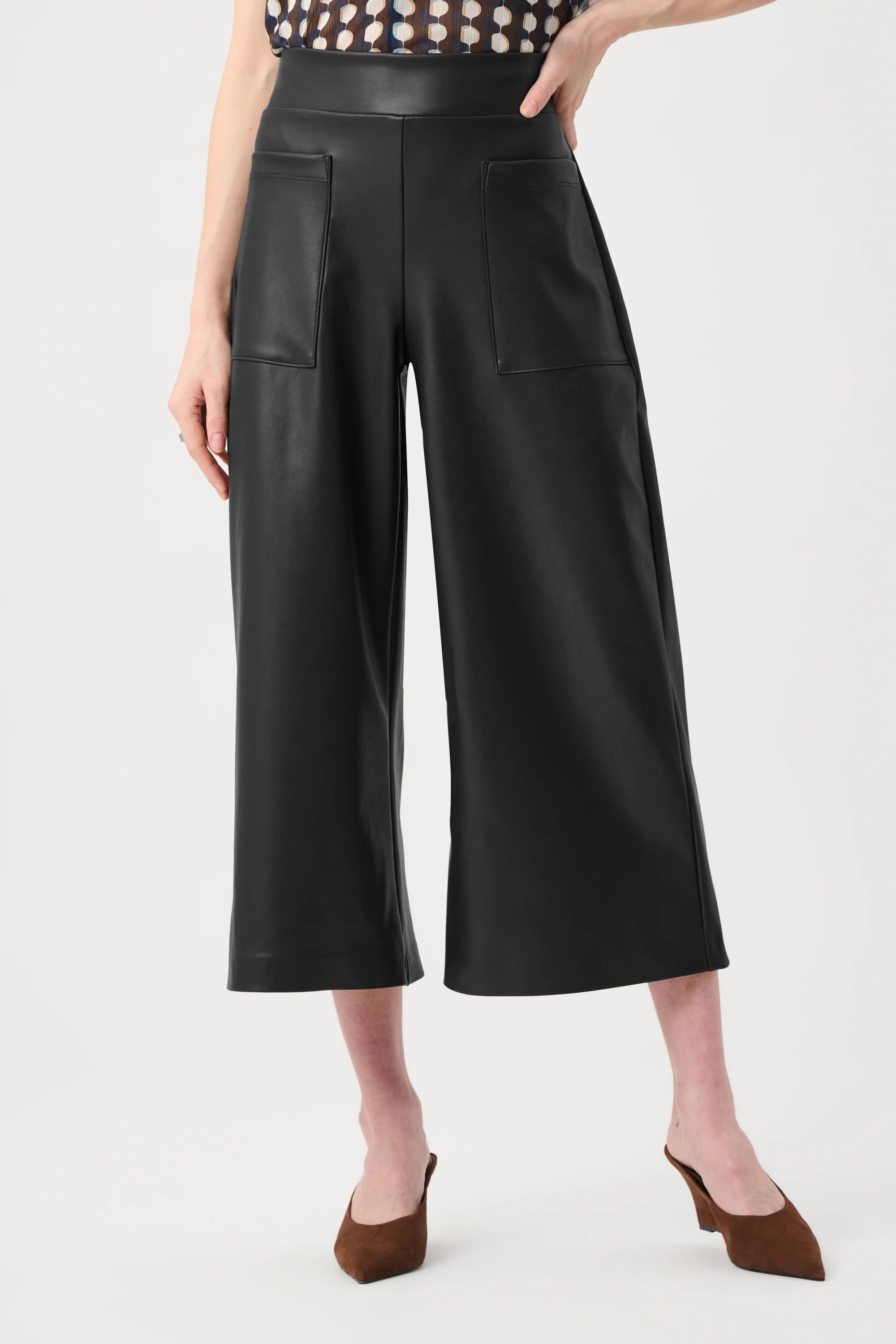 Front View Leatherette Pull-On Culotte Pants