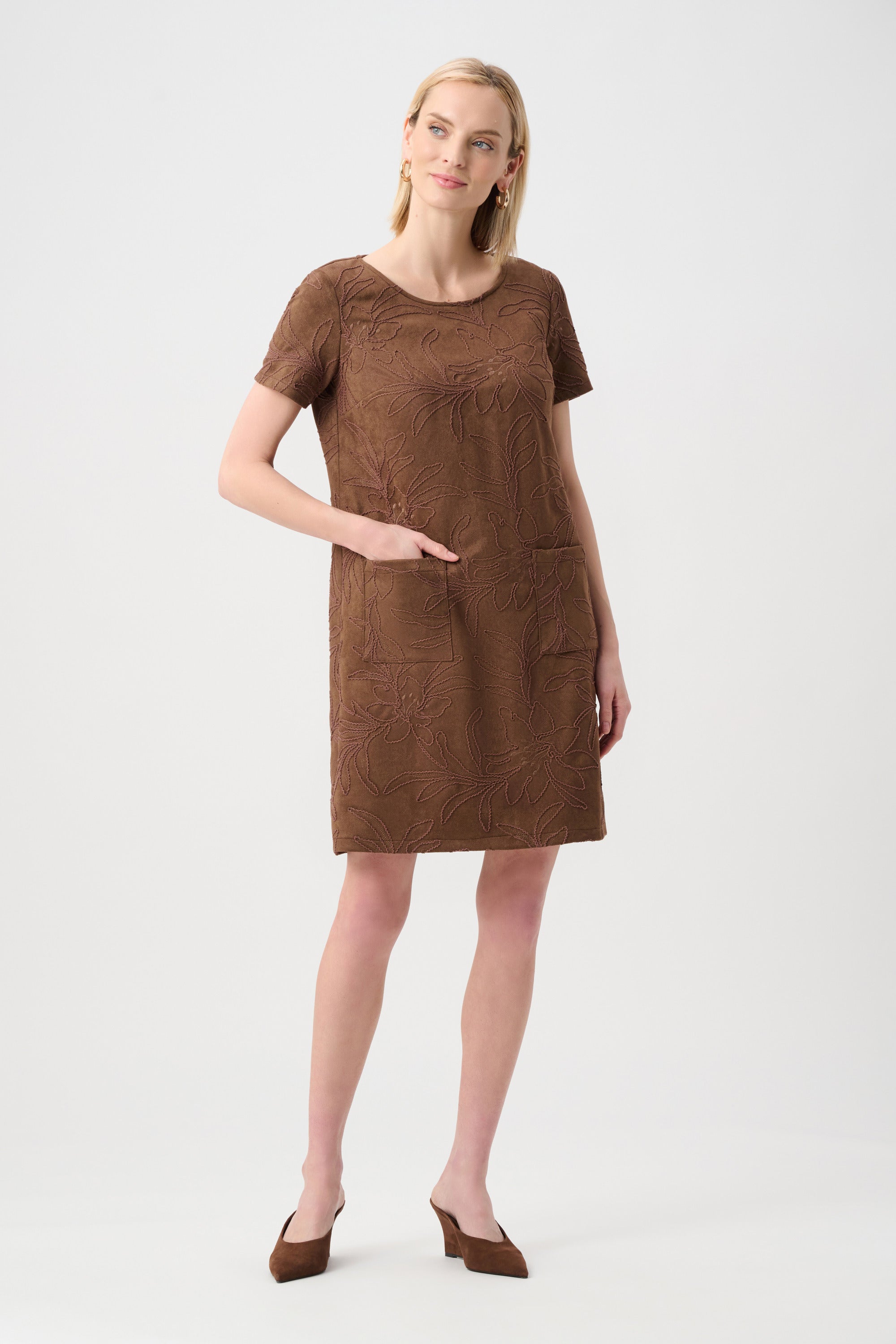 Embroidered Suede Boat-Neck Shift Dress