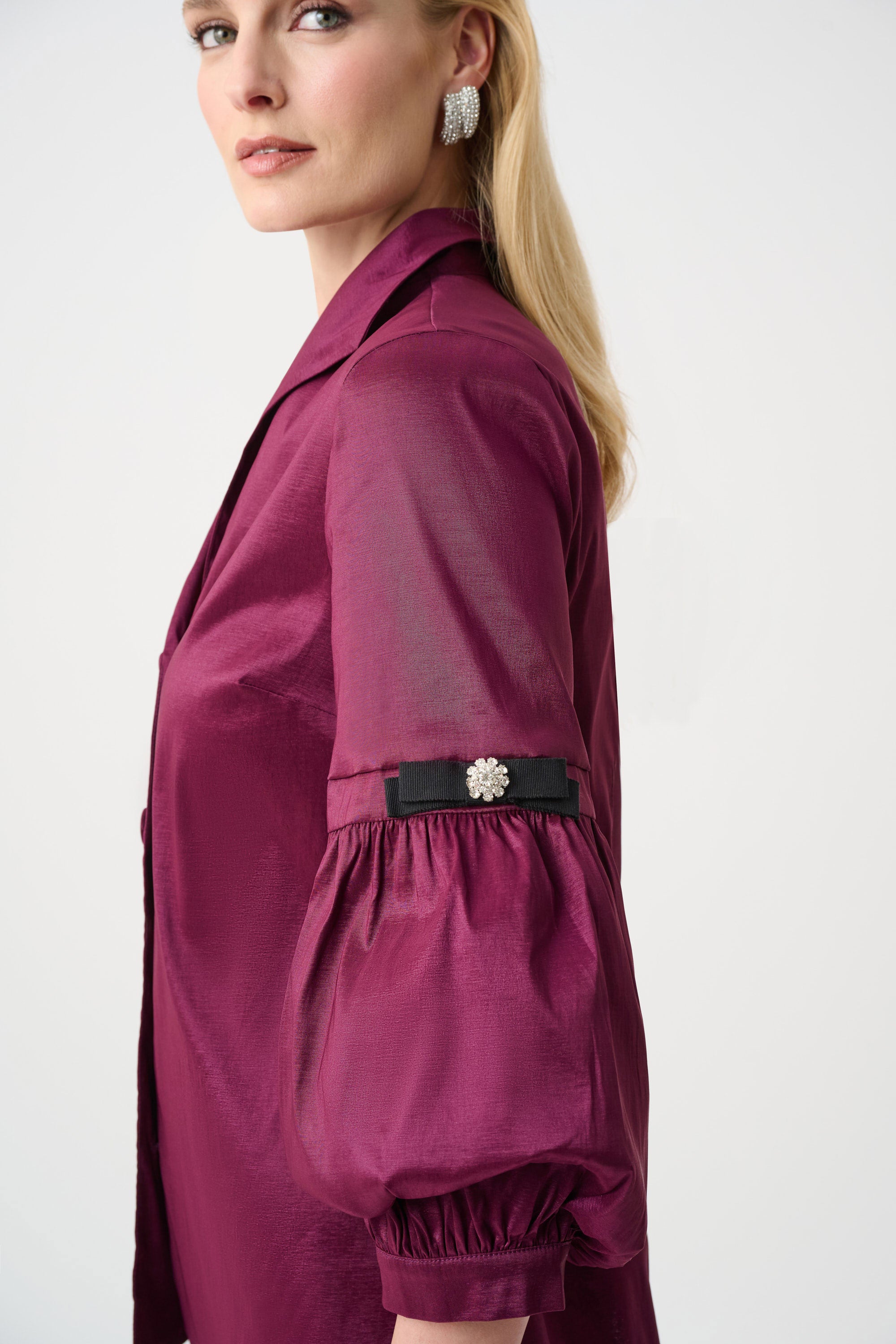 Stretch Taffeta Fitted Blouse With Rhinestone Buttons