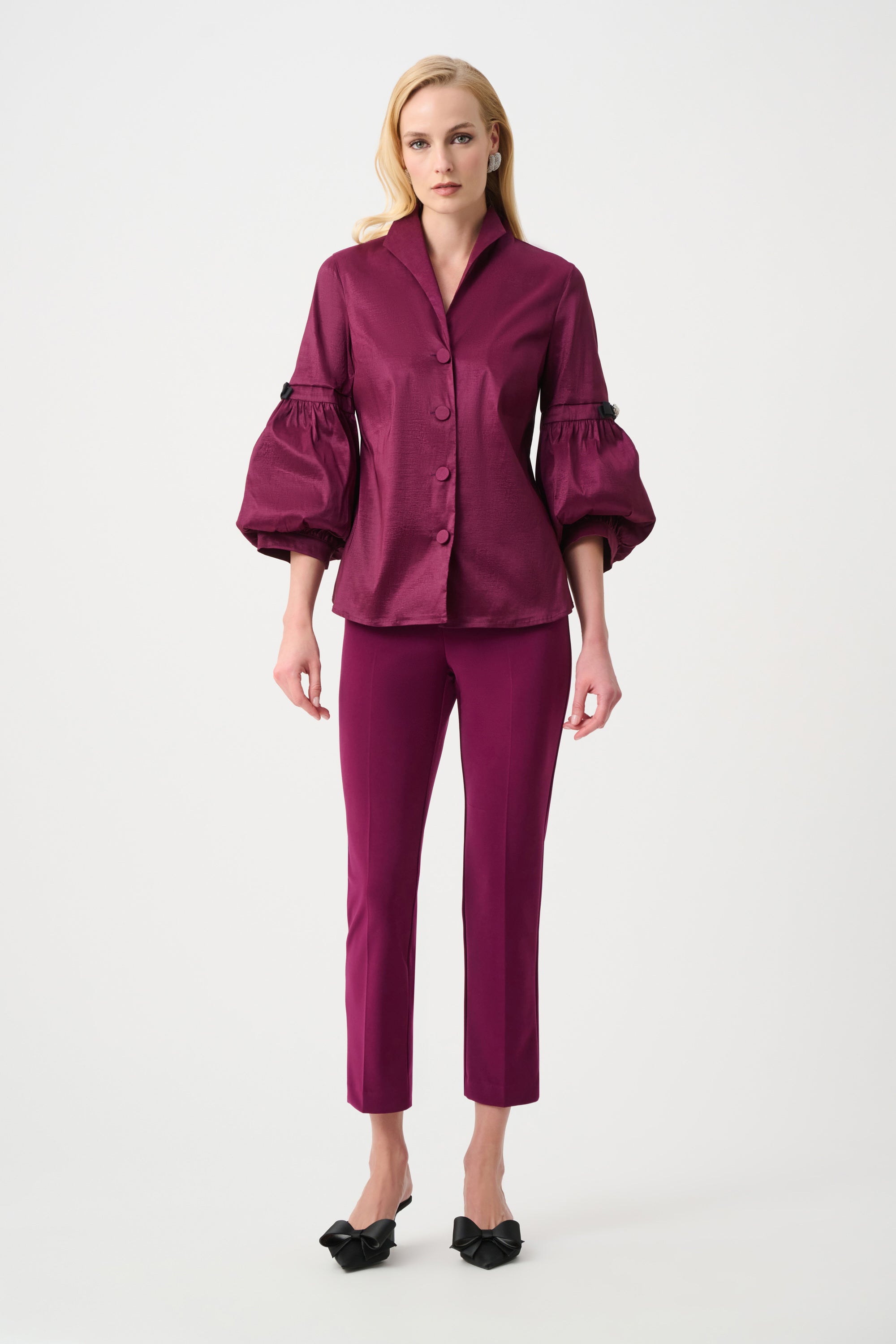 Stretch Taffeta Fitted Blouse With Rhinestone Buttons