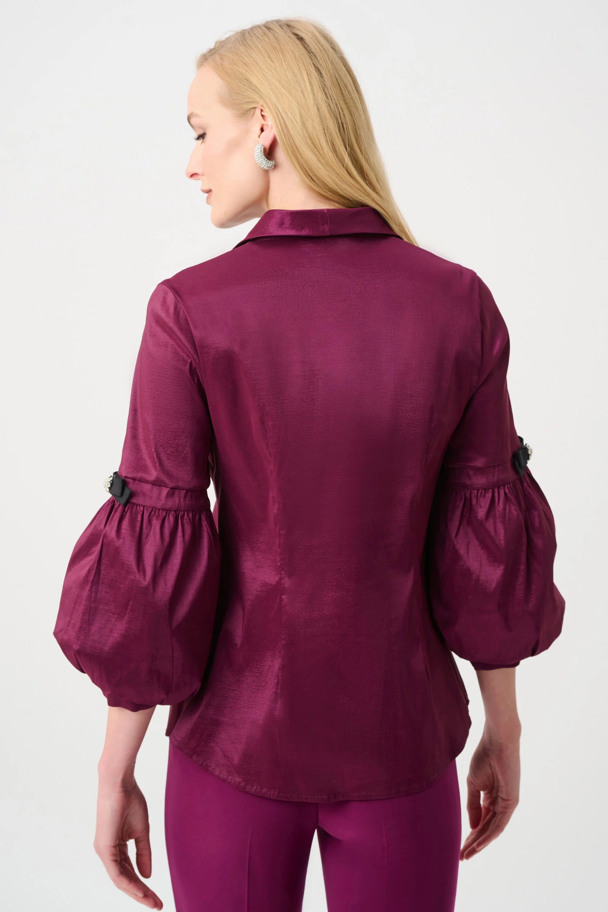 Stretch Taffeta Fitted Blouse With Rhinestone Buttons