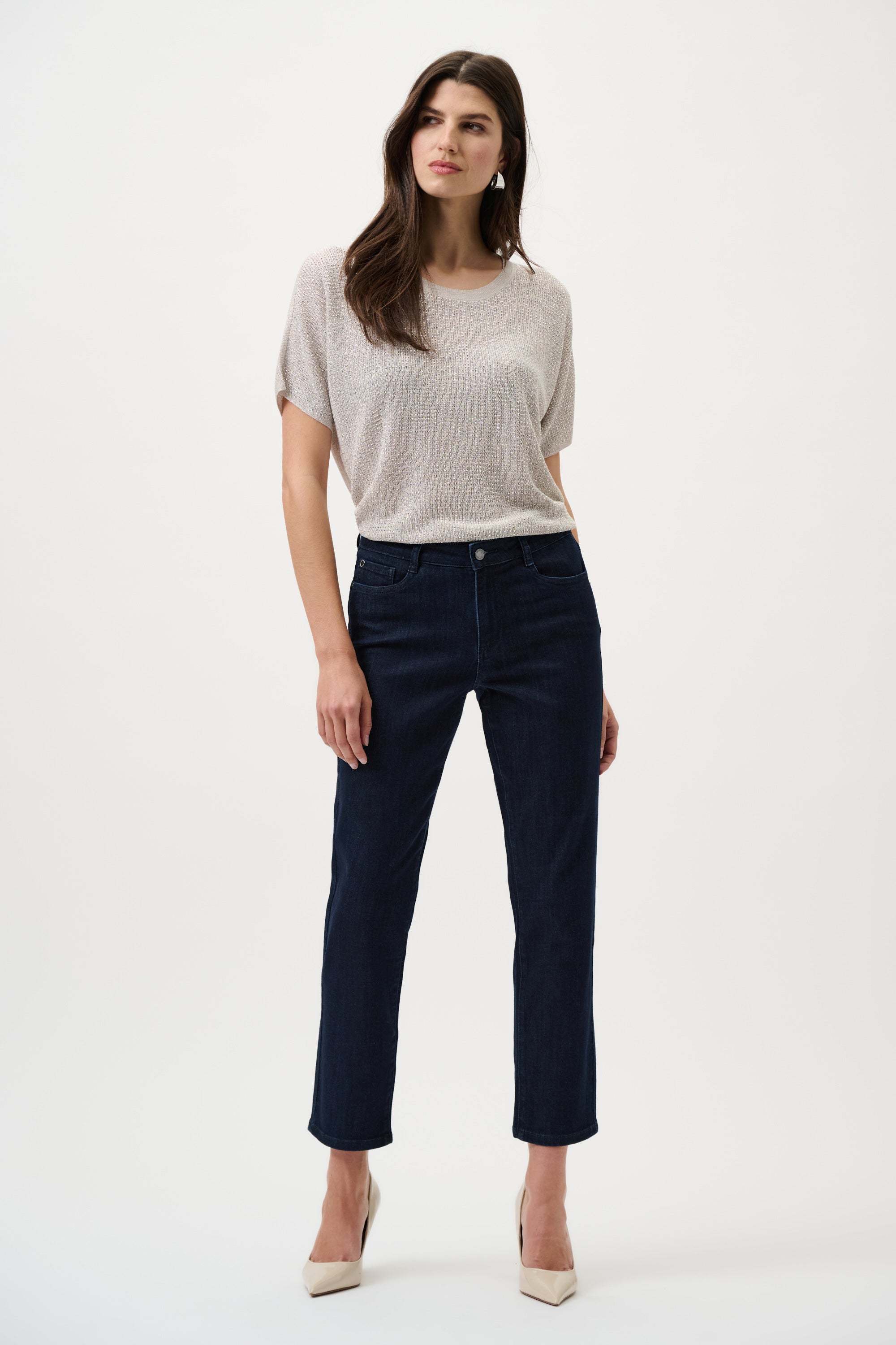 Full Body View Image of Joseph Ribkoff Metallic Knitted T-shirt with Rhinestones in Moonstone