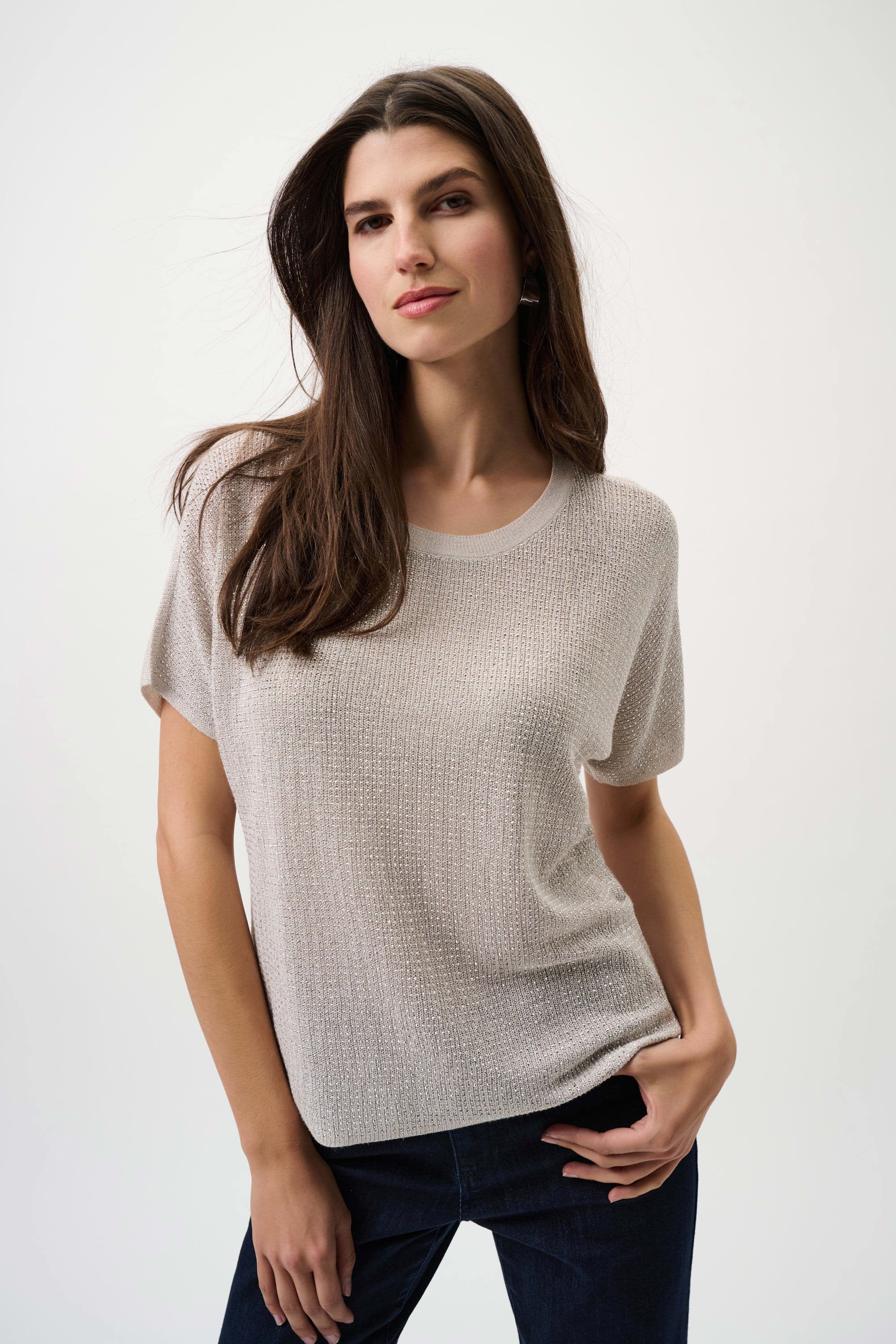 Front View Image of Joseph Ribkoff Metallic Knitted T-shirt with Rhinestones in Moonstone