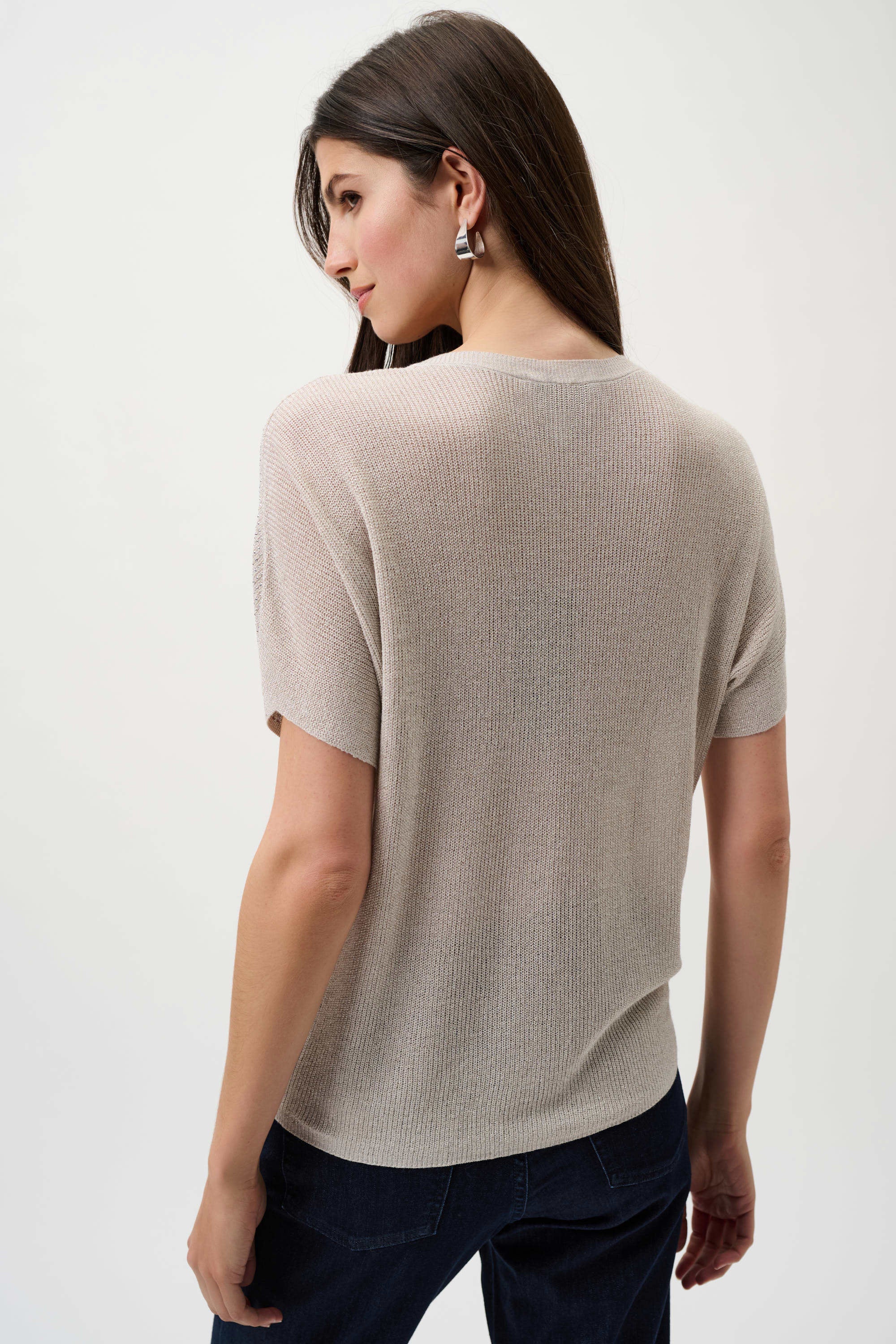 Back View Image of Joseph Ribkoff Metallic Knitted T-shirt with Rhinestones in Moonstone