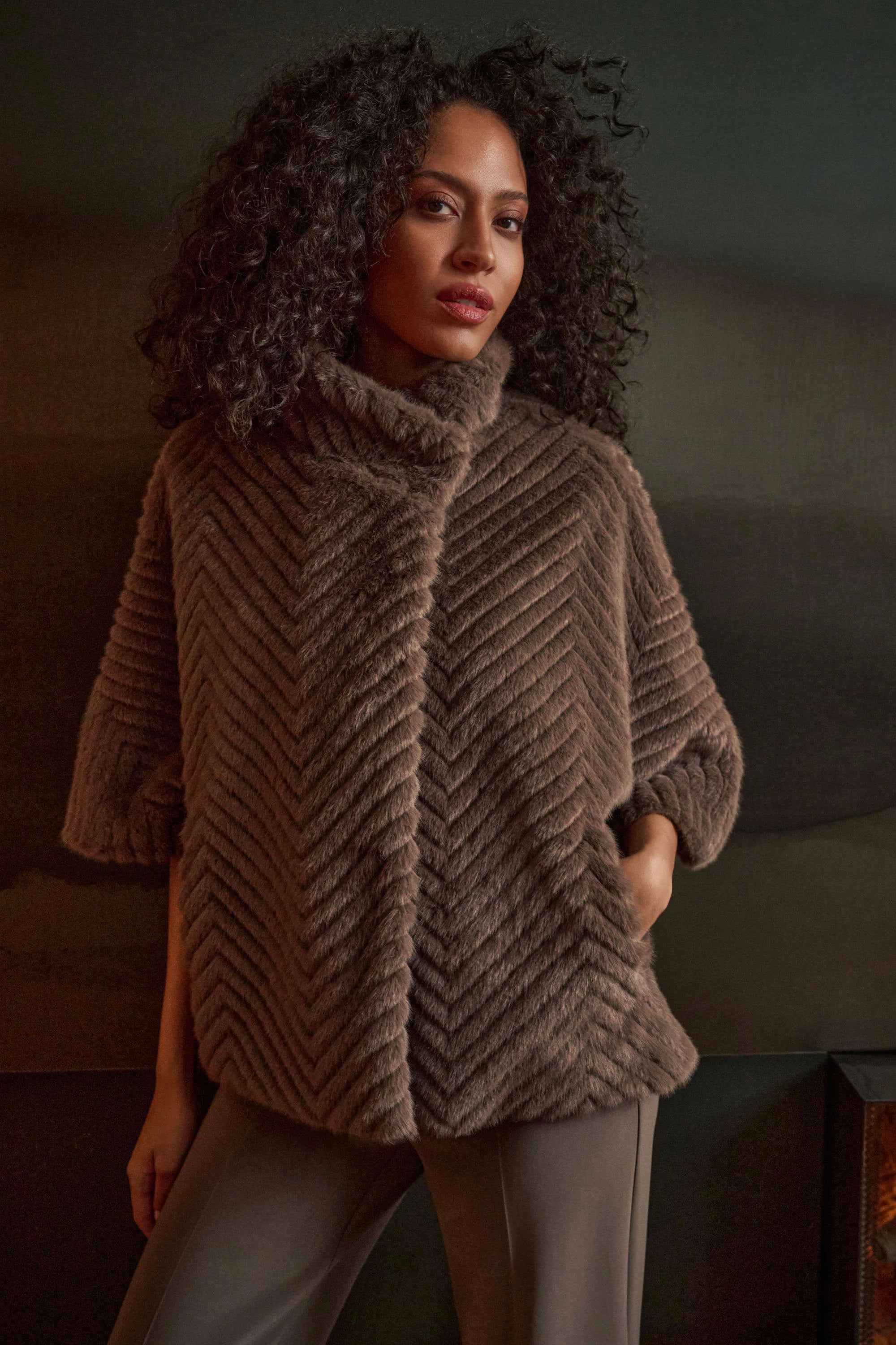 Chevron Faux Fur Cape-Style Jacket