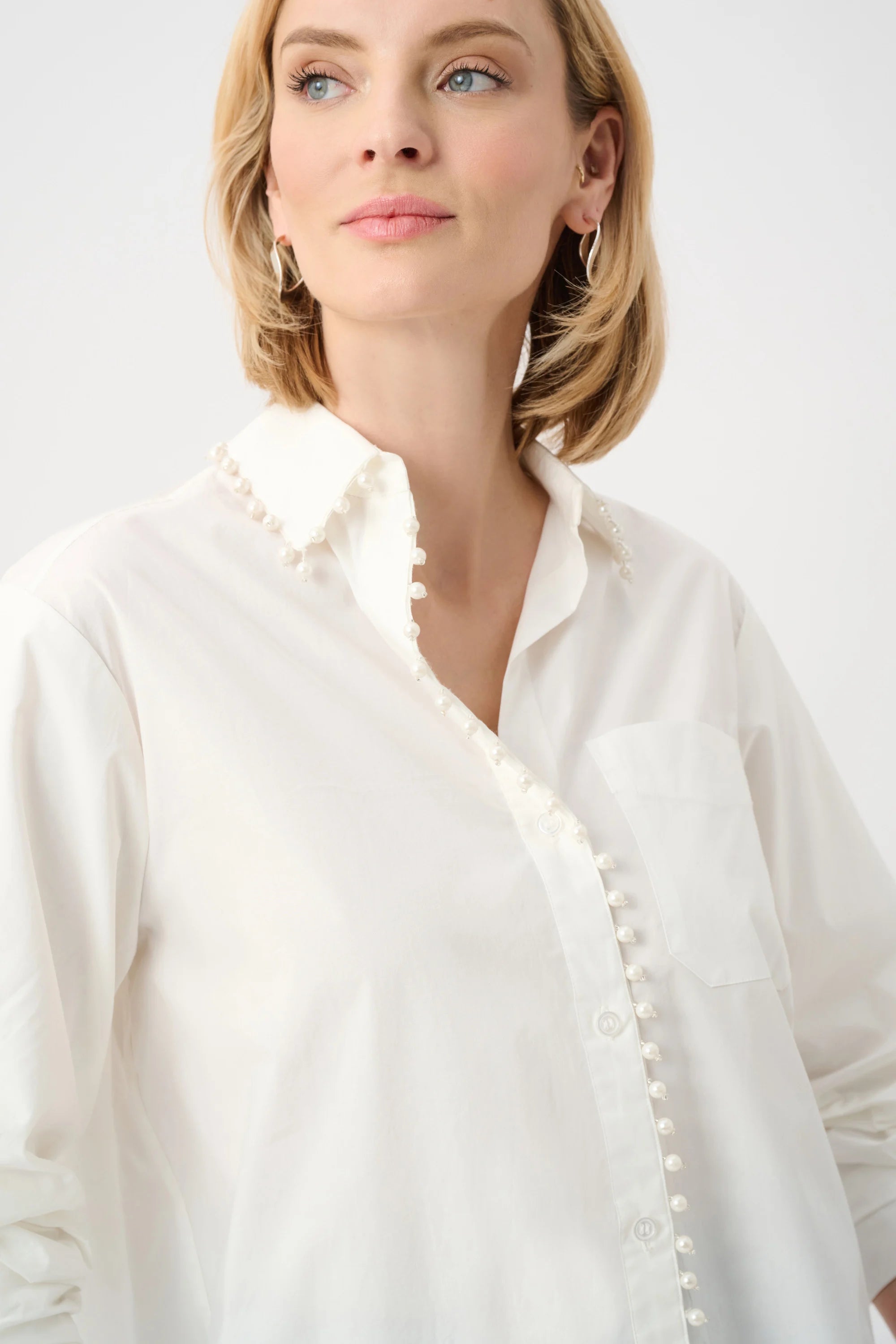 Cotton Poplin Pearl Trim Boxy Blouse