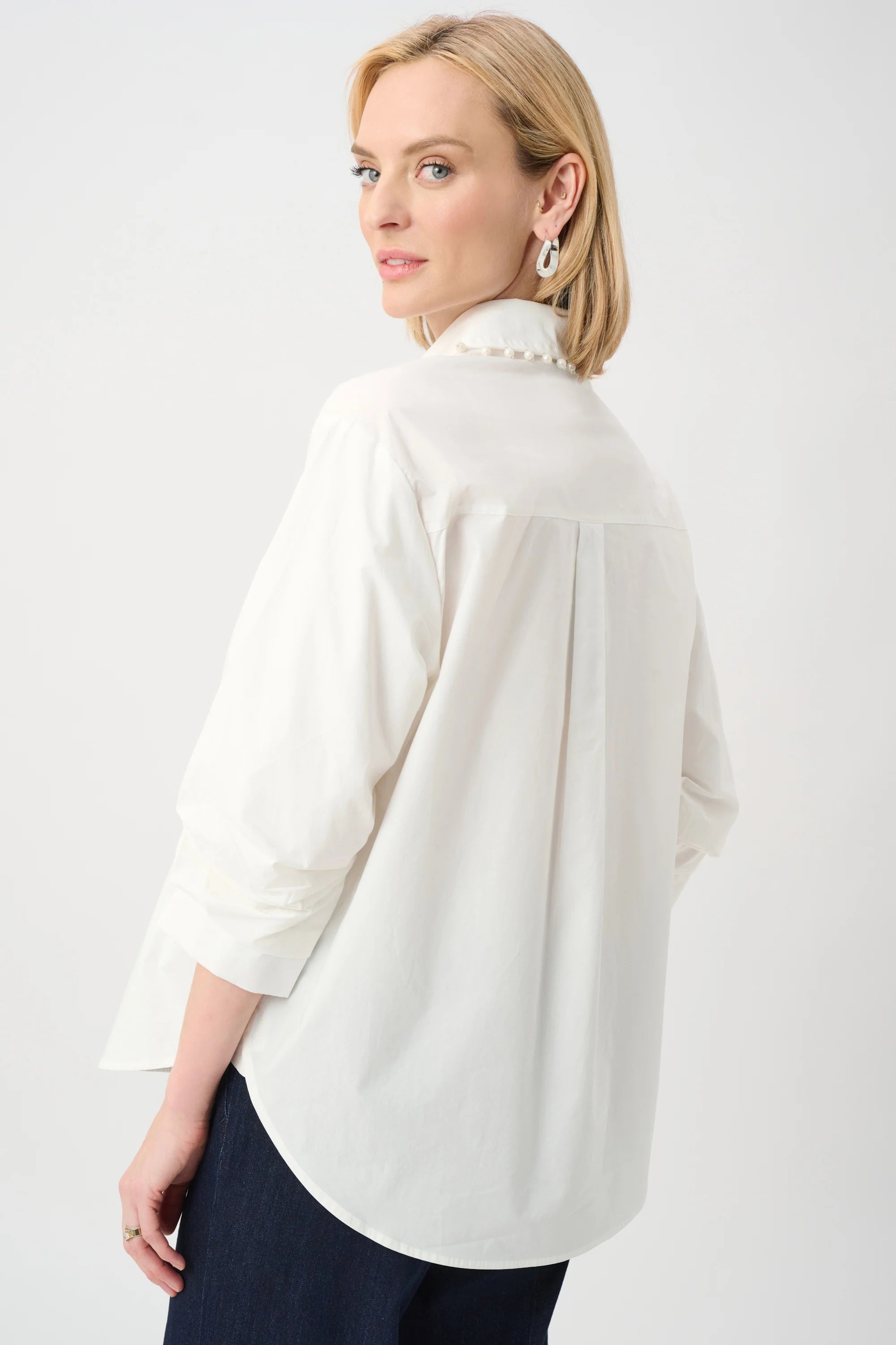 Cotton Poplin Pearl Trim Boxy Blouse
