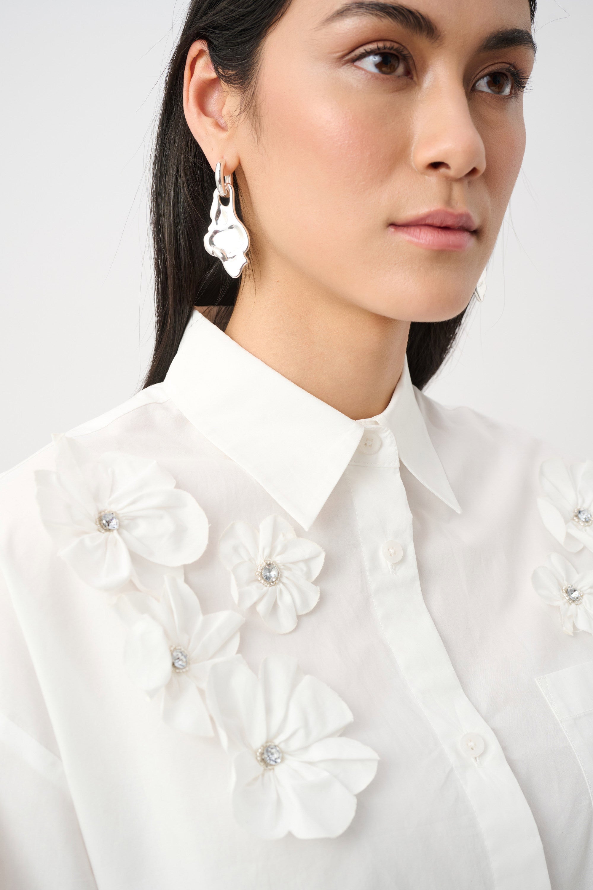 Cotton Poplin Blouse With 3D Flower and Rhinestone Detail