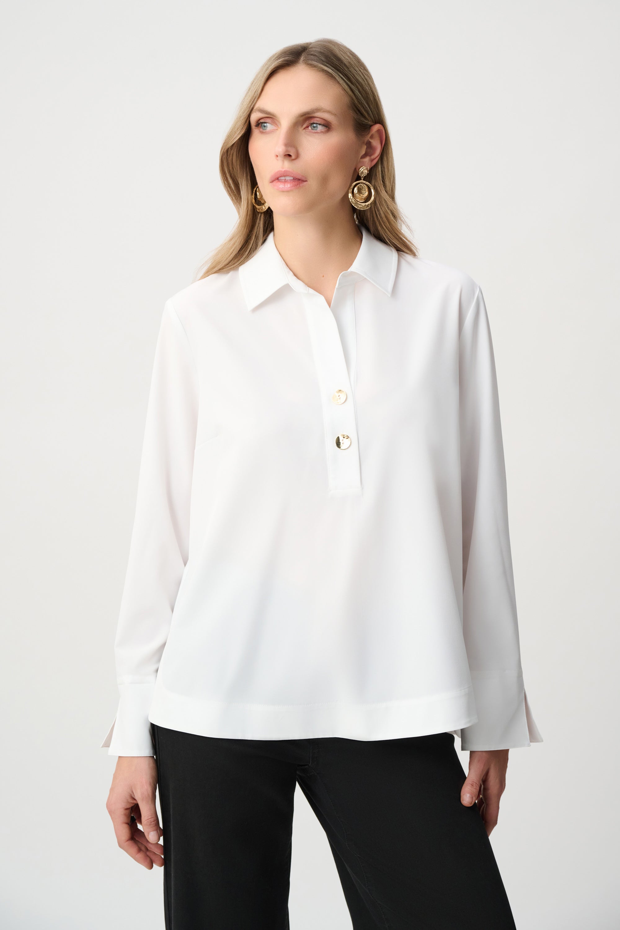 Stretch Poplin Shirt-Collar Boxy Top