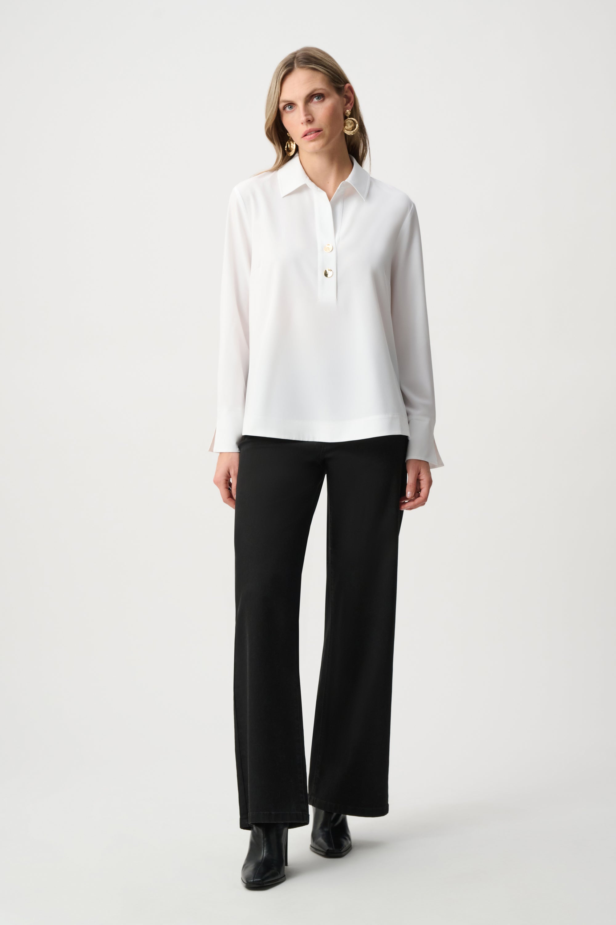 Stretch Poplin Shirt-Collar Boxy Top