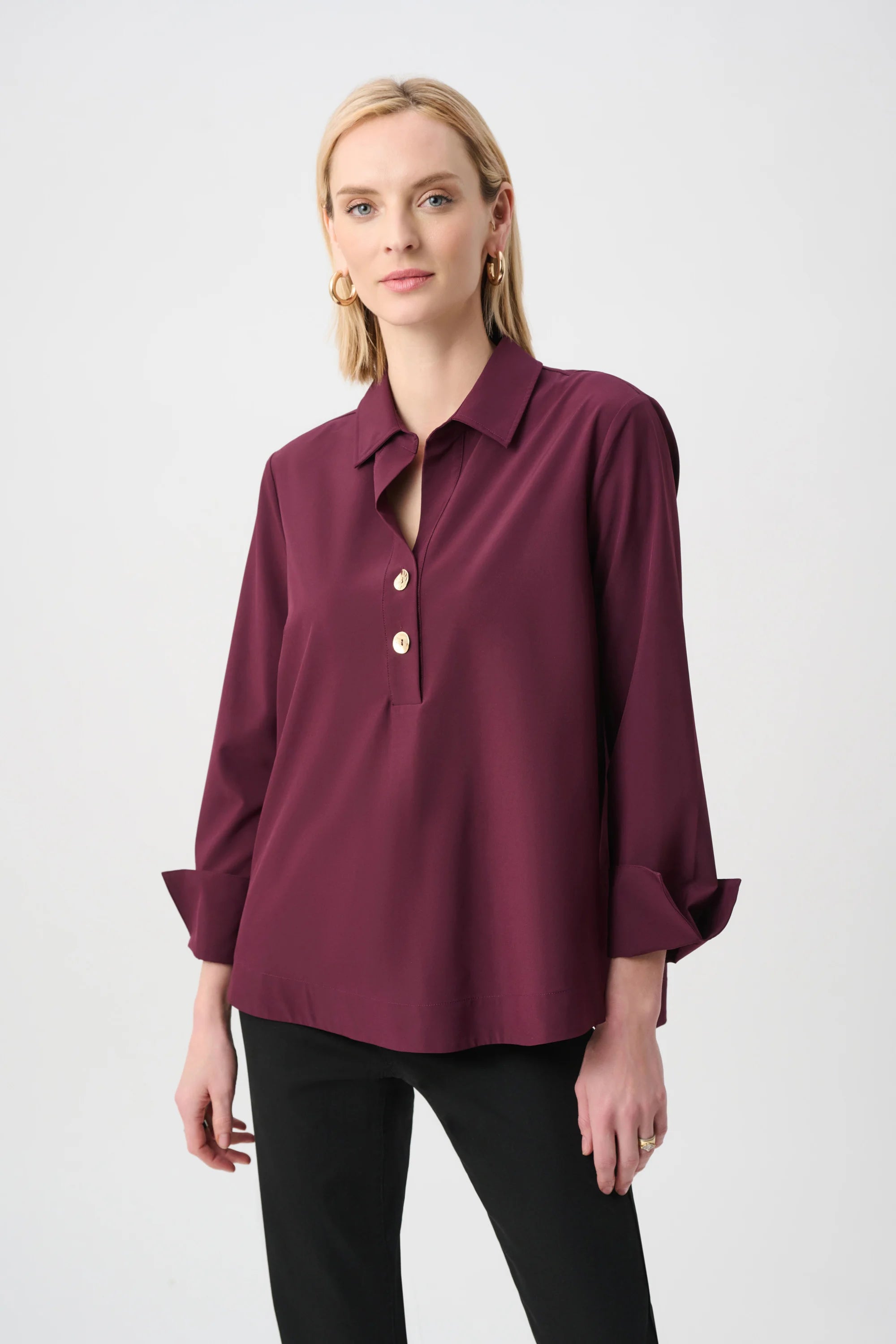 Stretch Poplin Shirt-Collar Boxy Top