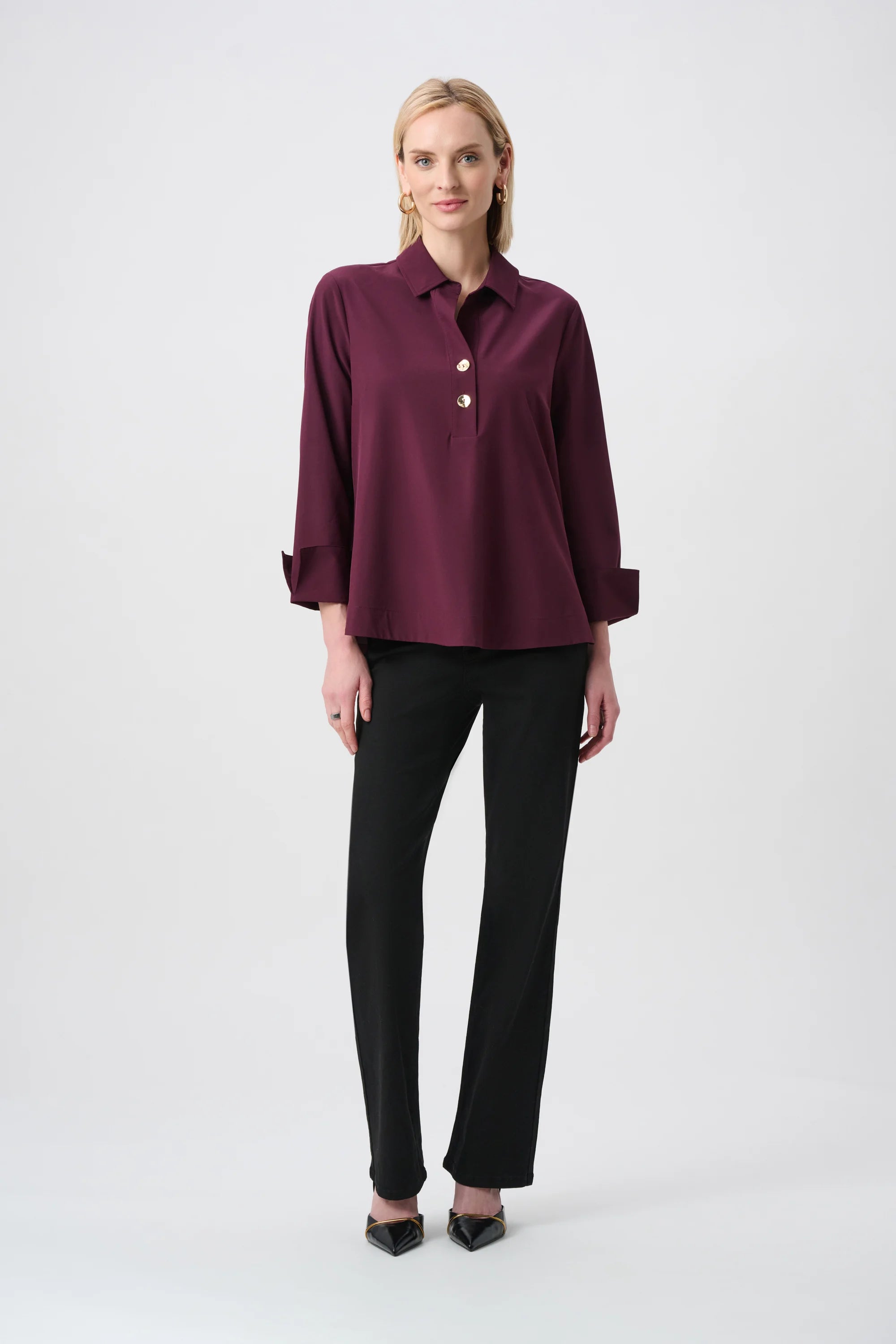 Stretch Poplin Shirt-Collar Boxy Top