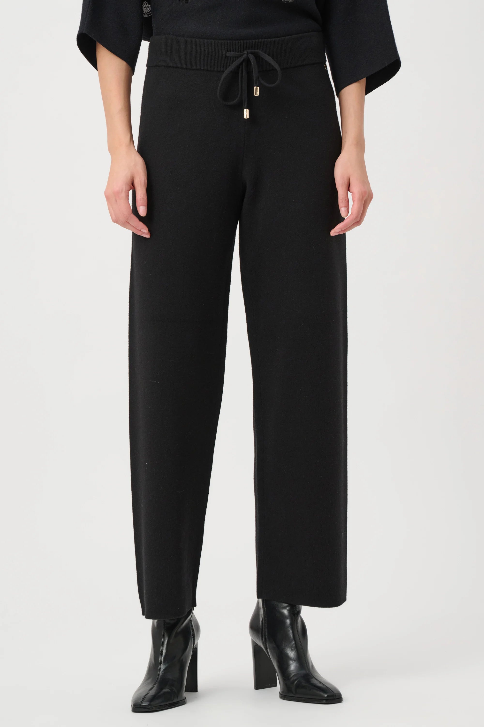 Front View of Joseph Ribkoff Brushed Viscose And Nylon Knit Pull-On Pants in Black