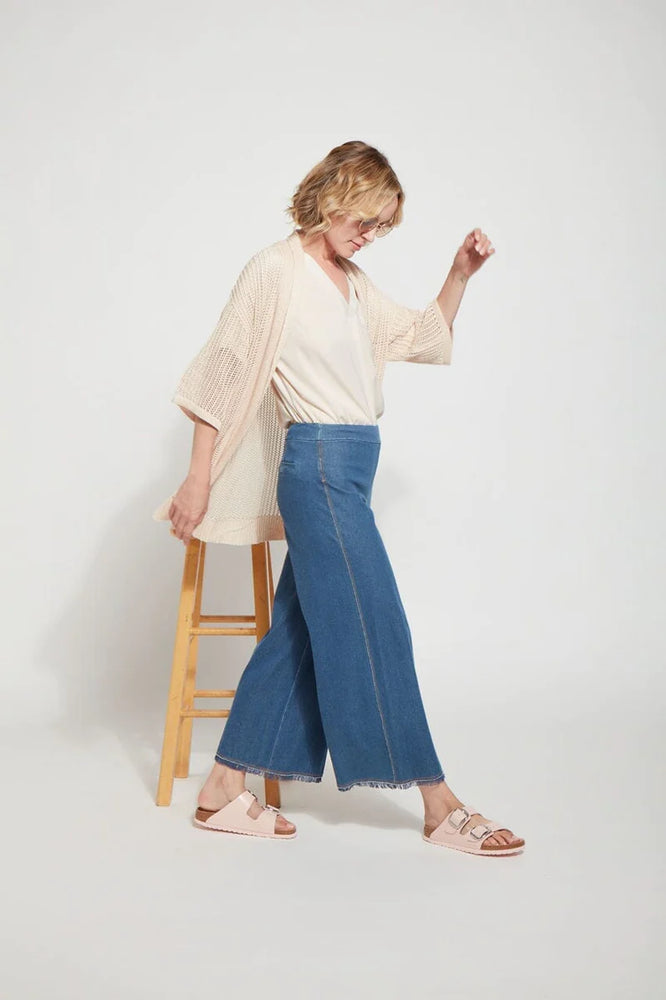 Front image of Lysse Shiloh Palazzo pants in mid wash. 