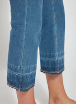 Front detail image of Daria gradient hem denim. Pull on cropped bottoms by lysse.  