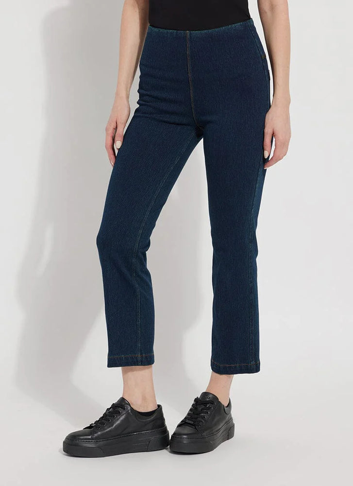 Front image of Lysse ankle denim baby bootcut bottoms. Indigo denim pull on cropped bottoms. 