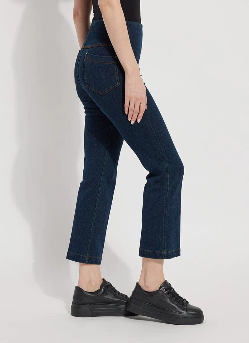 Side image of Lysse ankle denim baby bootcut bottoms. Indigo denim pull on cropped bottoms. 
