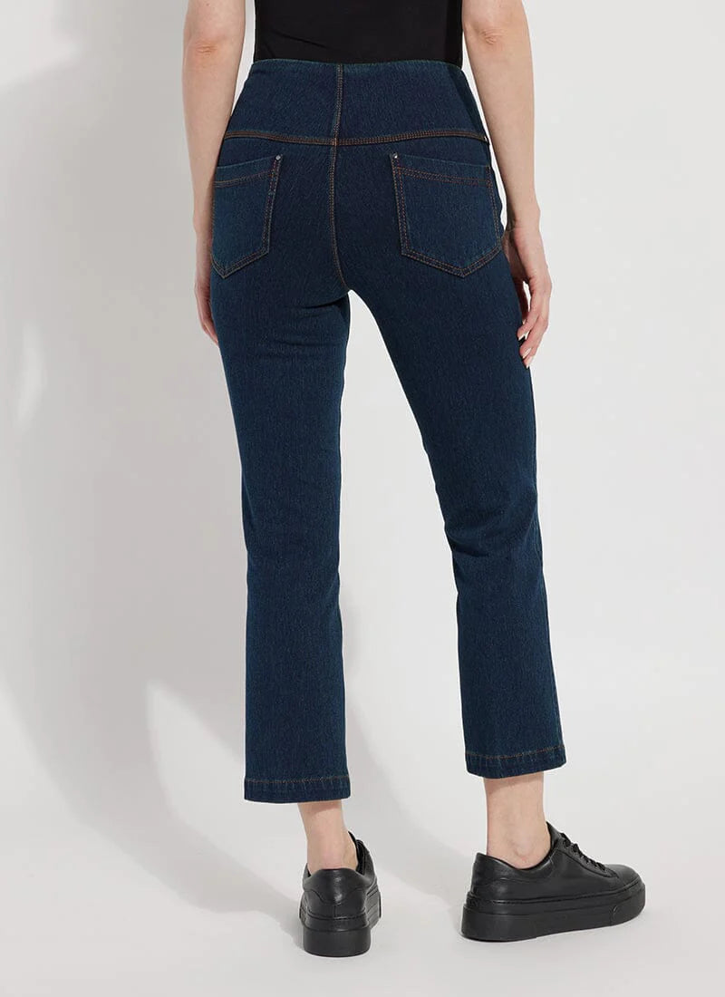 Back image of Lysse ankle denim baby bootcut bottoms. Indigo denim pull on cropped bottoms. 