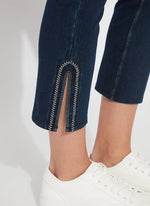 Front detail image of Lysse poppy embroidered denim bottoms. 