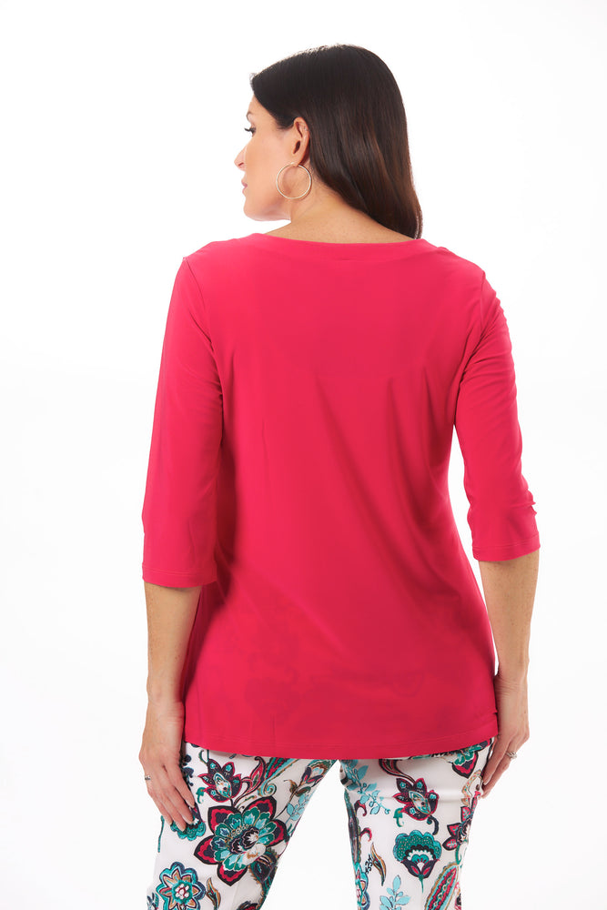 Back image of hot pink 3/4 sleeve split neck tunic